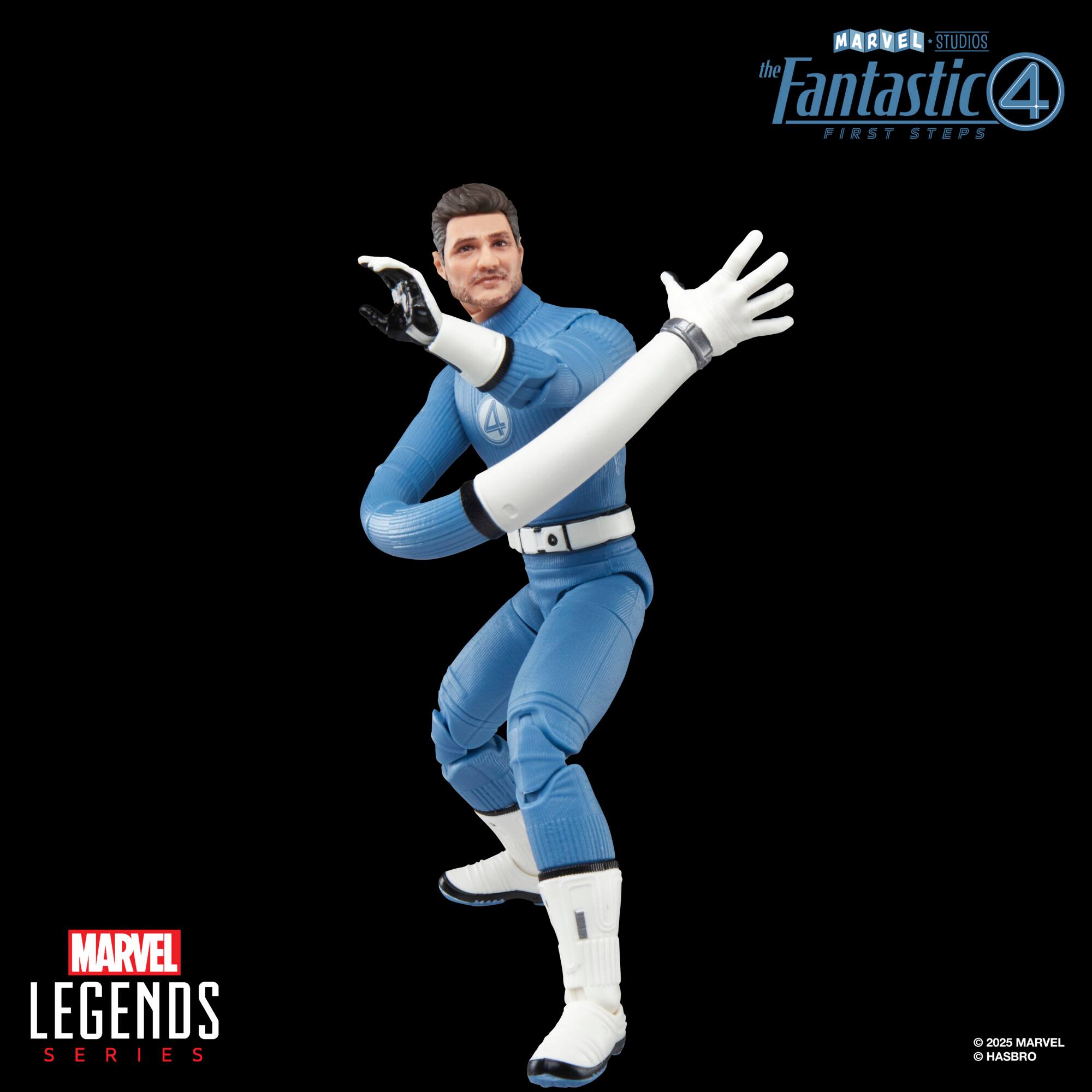 The image features a Marvel Legends action figure of Mr. Fantastic from the Fantastic Four. The figure is posed with its arms outstretched, showcasing its flexibility and range of motion. The figure is part of the Marvel Legends series and is a collectible item for fans of the Fantastic Four and Marvel Comics.