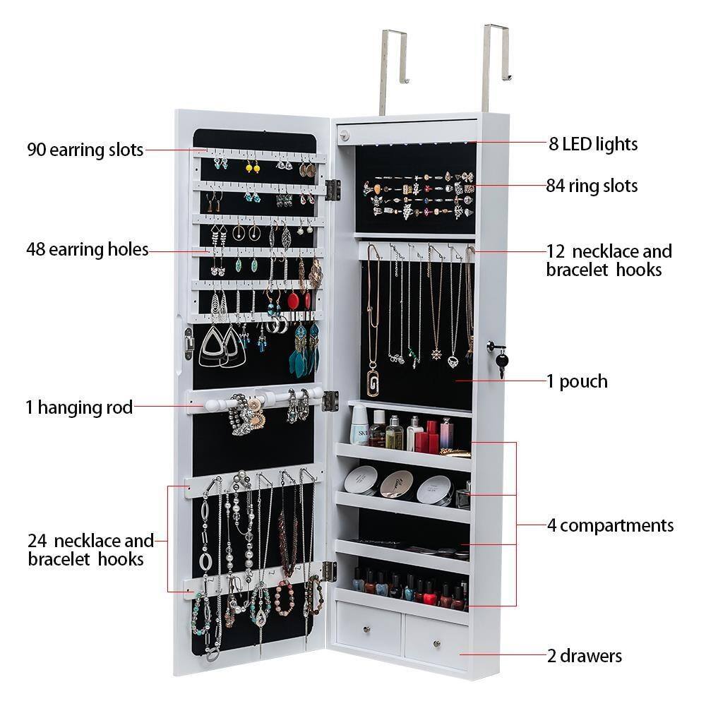 Alt View 3. Winado - Wall Door Mounted Mirror Jewelry Cabinet with LED Light Jewelry Holder Cosmetic Large Organizer Cabinet Armoire Lockable - White.