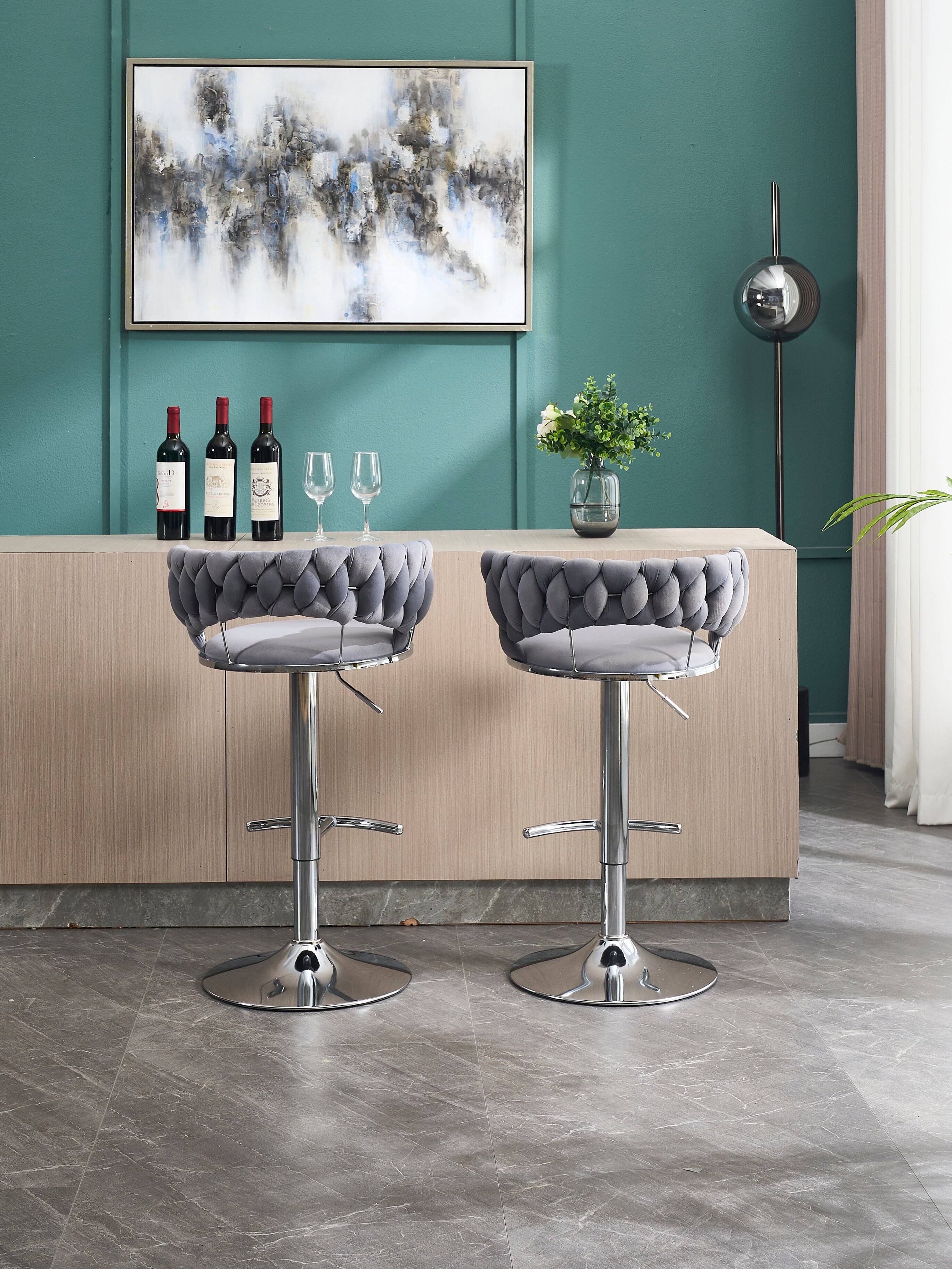 Back. APRILSOUL - Set of 2 Bar Stools Chrome Footrest Base Swivel Height Adjustable Velvet Chrome Leg GREY - White.