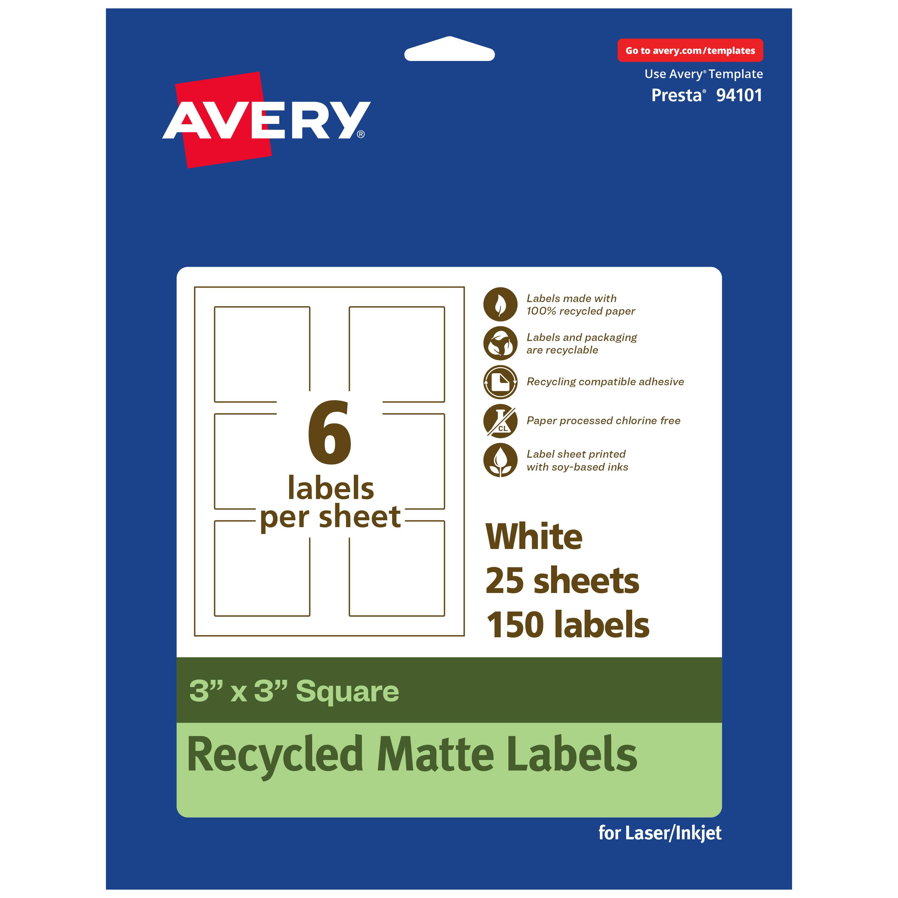 Go to avery.com/templates  
Use Avery Template Presta® 94101  

Labels made with 100% recycled paper  
Labels and packaging are recyclable  
Recycling compatible adhesive  
Paper processed chlorine free  
Label sheet printed with soy-based inks  

White  
25 sheets  
150 labels  

3" x 3" Square  
Recycled Matte Labels  
for Laser/Inkjet