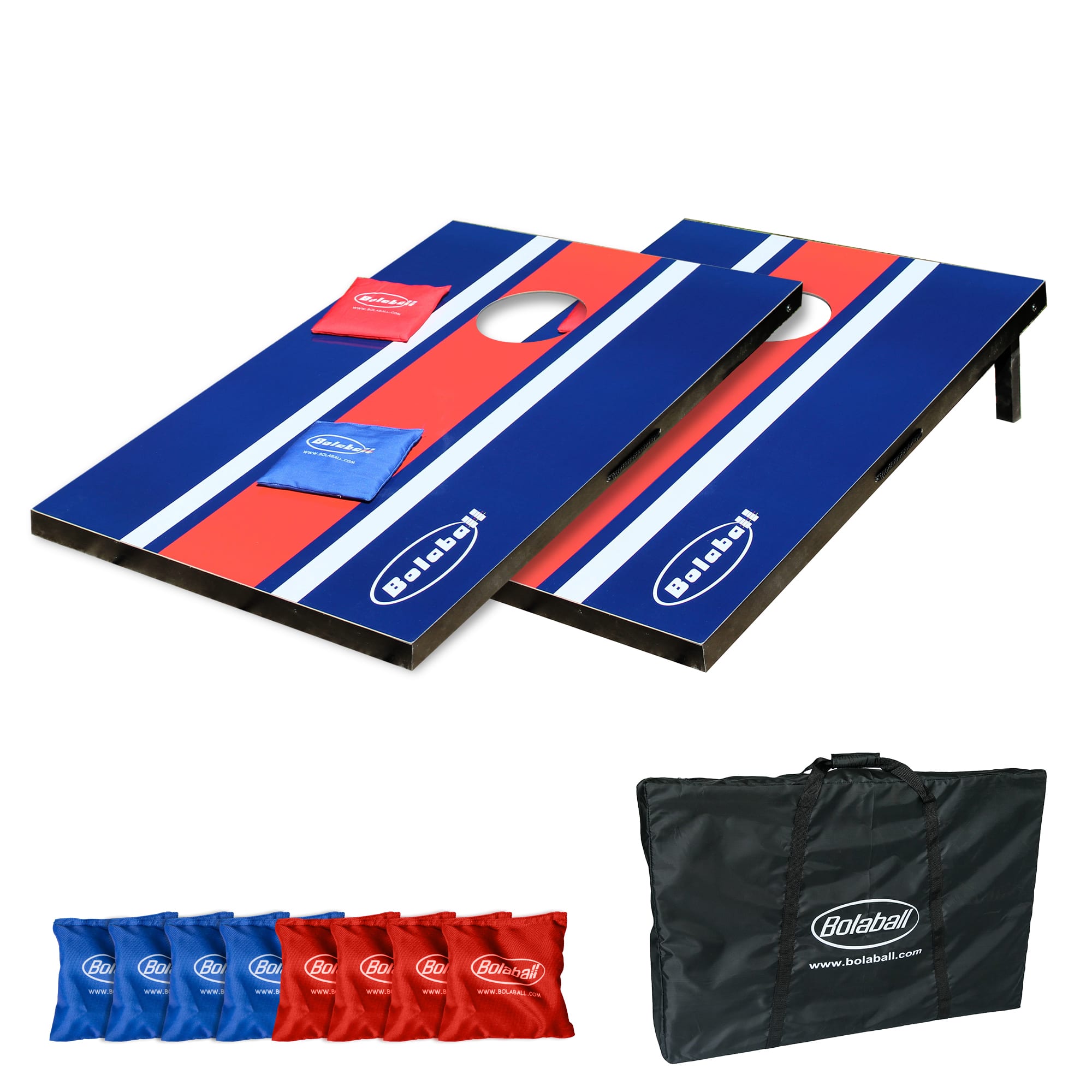 The image features a blue and red Frisbee game set, which includes a Frisbee game board, a carrying case, and a set of colored Frisbees. The Frisbees are placed in a bag, and the game board is placed on a table. The set is designed for outdoor play and is suitable for both children and adults.