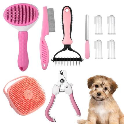 Front. THIRSTY TURTLE - 10-Piece Pet Grooming Kit with Slicker Brush, Bath Brush & Nail Clipper.
