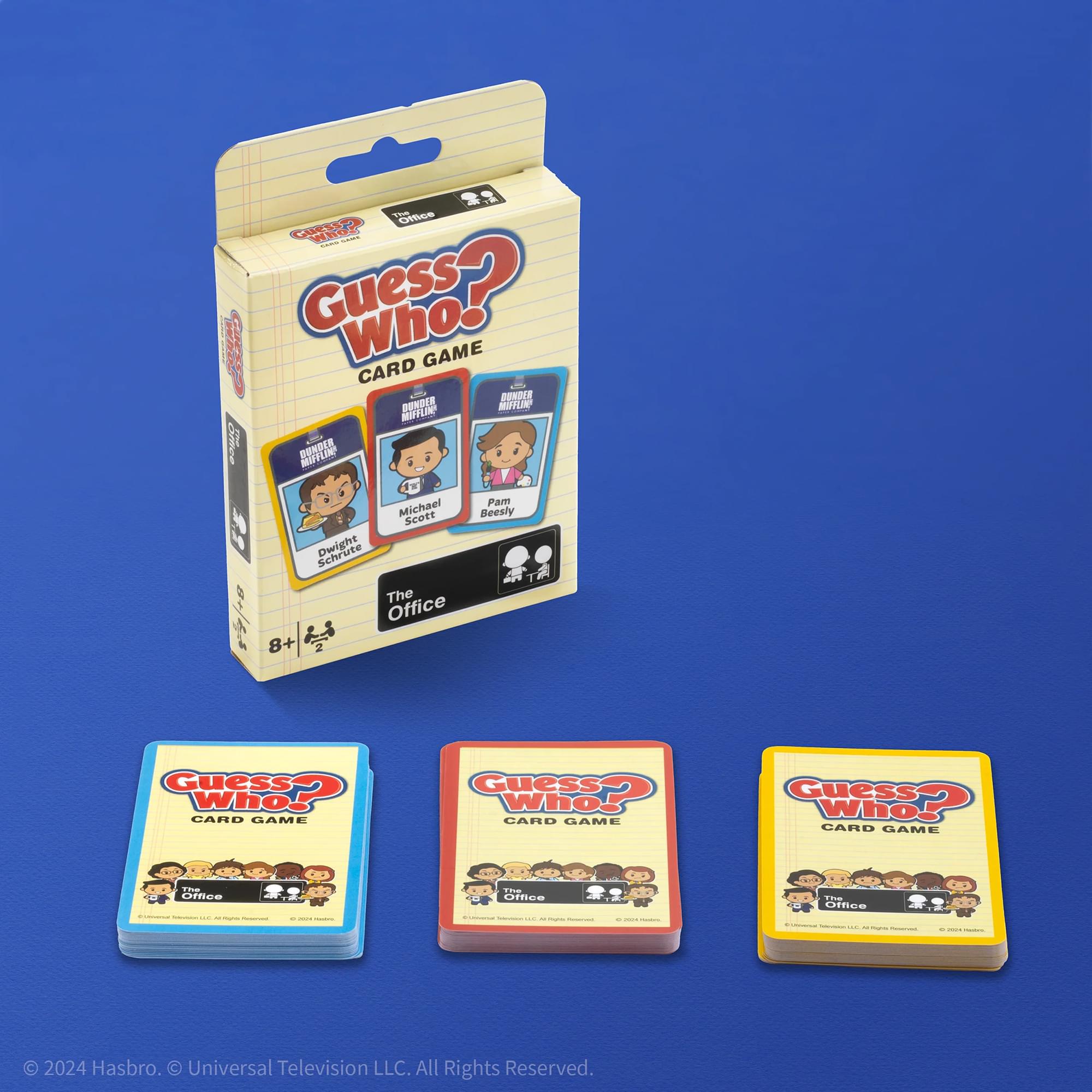 From the image, the corrected and grouped text is:

---

**Guess Who? Card Game**

- **Characters:**
  - Dunder Mifflin
  - Michael Scott
  - Pam Beesly

- **Branding:**
  - The Office
  - © 2024 Hasbro. Universal Television LLC. All Rights Reserved.

---

**Packaging:**
- "Guess Who? Card Game"
- "The Office"
- "8+"

---

**Additional Text:**
- "Guess Who? Card Game"
- "The Office"
- "© 2024 Hasbro. Universal Television LLC. All Rights Reserved."