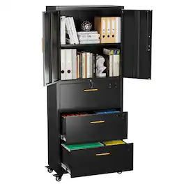 Boyel Living - 3-Drawer Mobile Metal File Cabinet with Lock for Letter and A4 Files - Black