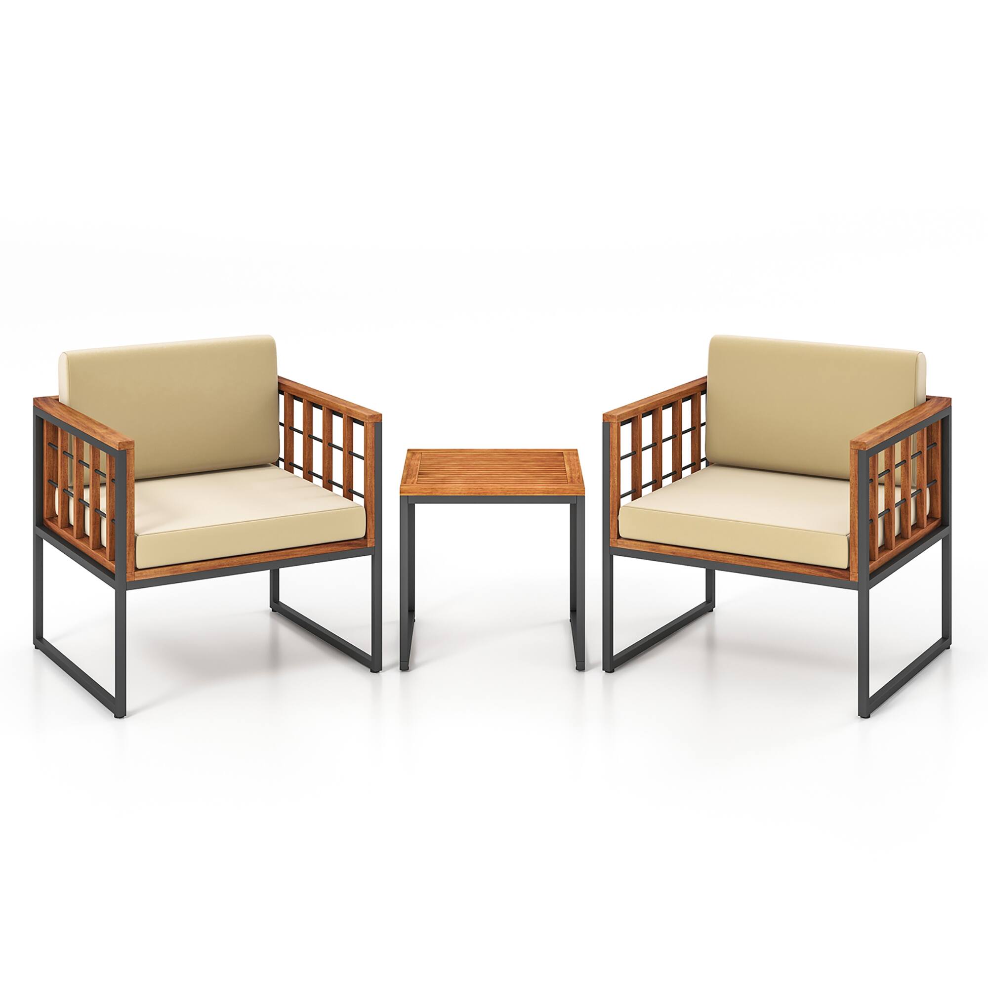 Alt View 8. Gymax - Gymax 3 Pieces Patio Furniture Set Acacia Wood Bistro Conversation Set w/ 2 Cushioned Chairs Beige - Beige, Natural, Black.