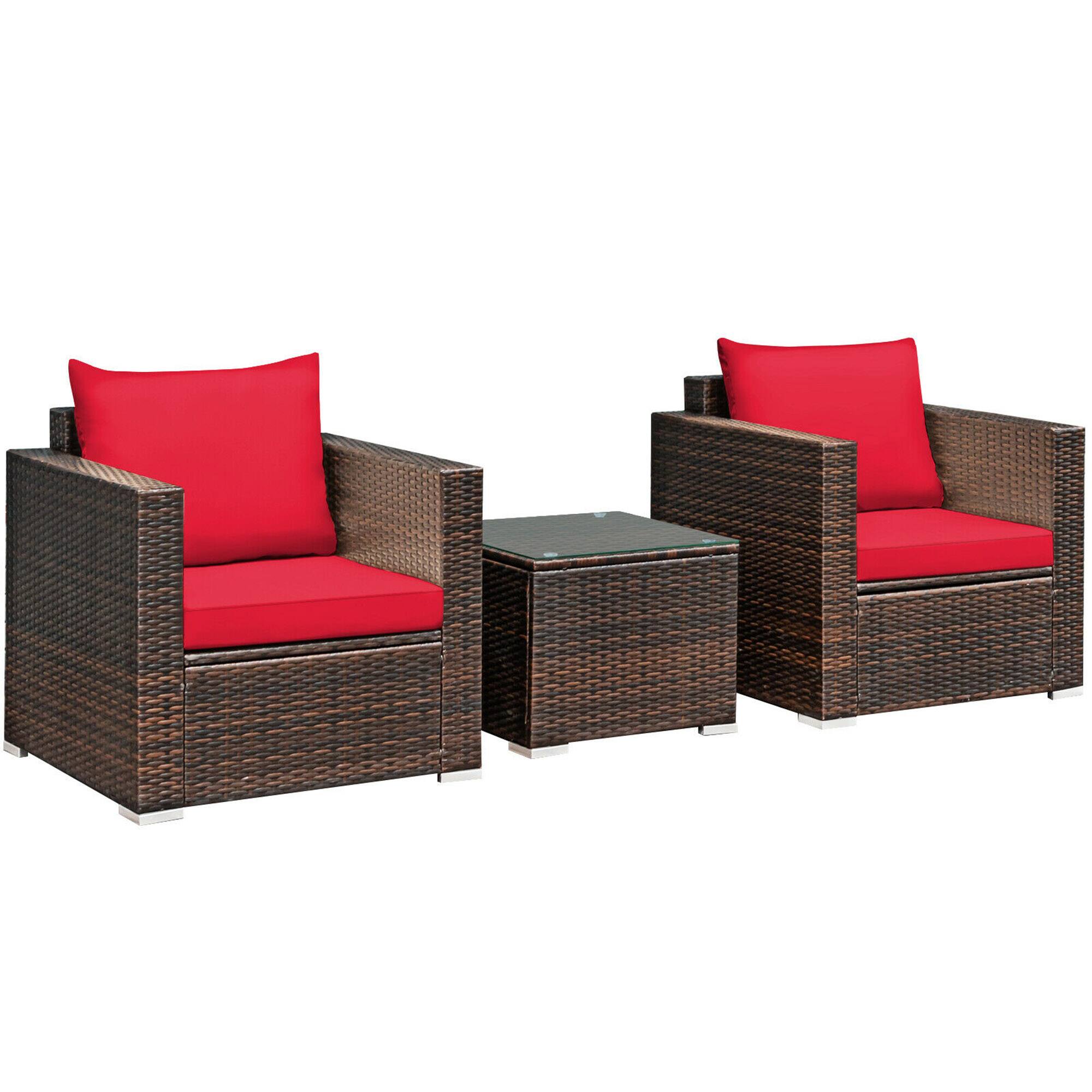 Alt View 1. Gymax - Gymax 3PCS Rattan Patio Outdoor Conversation Furniture Set w/ Red Cushions - Red.
