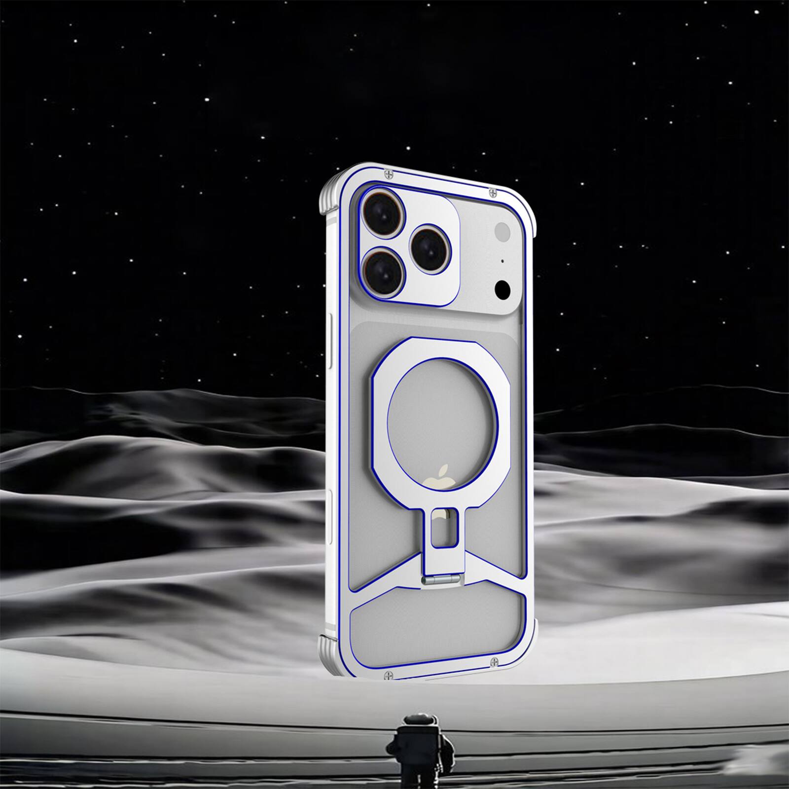Back. Dteck - Rugged Bumper Case for Apple iPhone 17 Pro Max with Ring Kickstand, Ultra-Thin Shockproof Magnetic Aluminum Frame Cover - Silver.