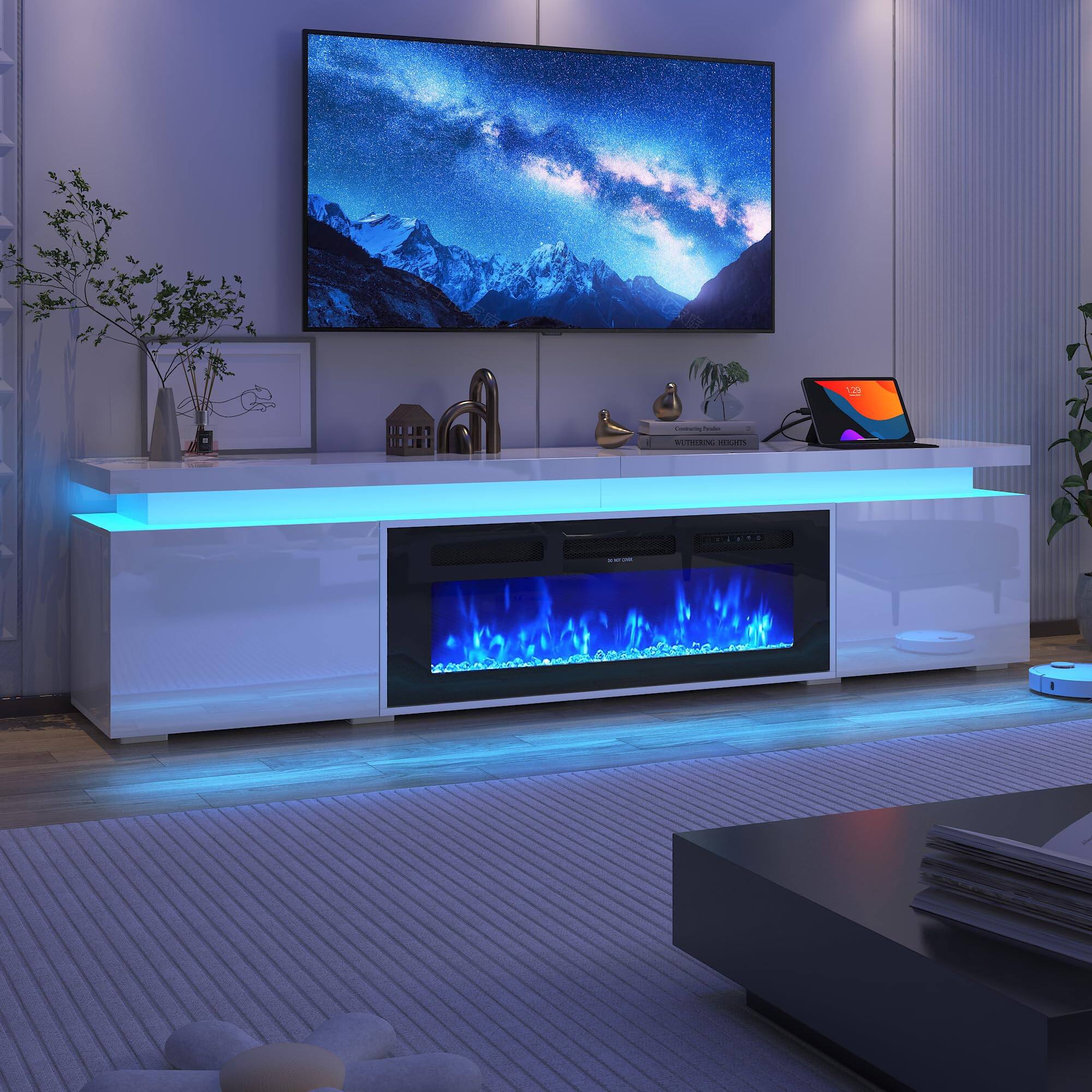 Alt View 5. Lent Glitter Wood - 71inch Modern Fireplace TV Stand with Power Outlet Storage for up to 80" TVs - white.