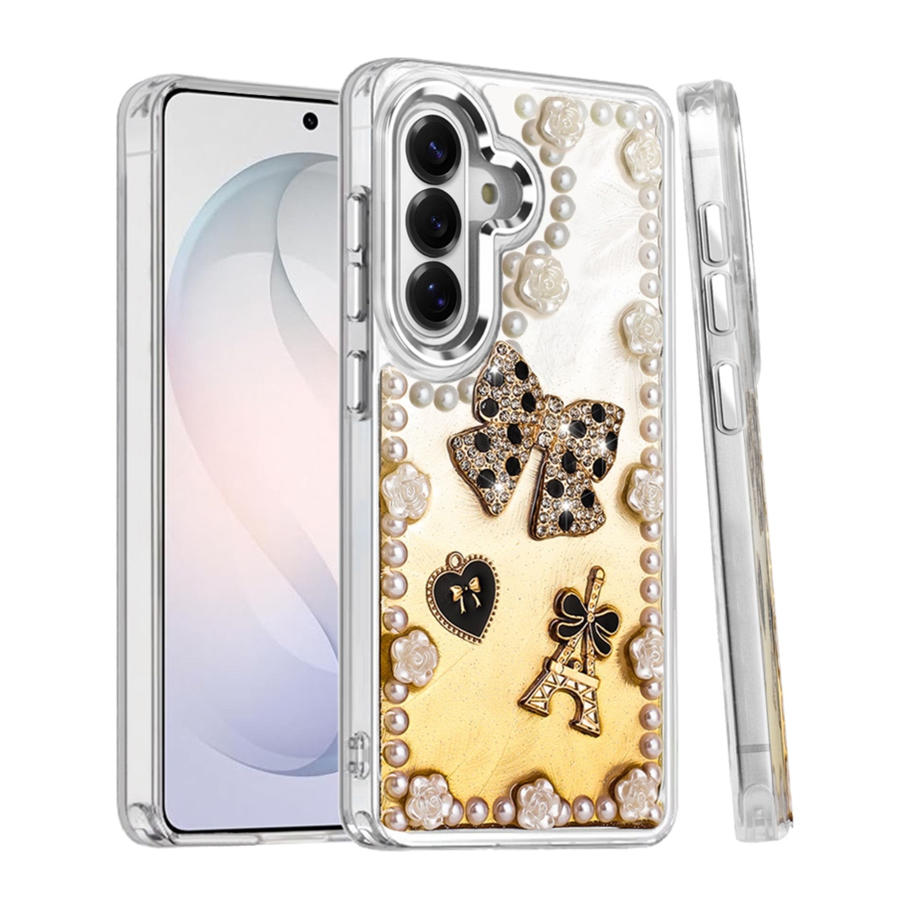 Kitcheniva - Floral Faux Pearl Trim 3D Charms Phone Case With Tempered Glass For Samsung S26 - Multicolor price history on PriceWatchPro
