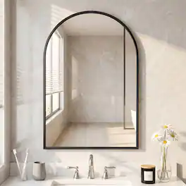 Sweetcrispy - 26" x 38" Arch Framed Bathroom Wall Mirror, Shatterproof Vanity Mirror, Anti-Rust, Hanging or Leaning - Black