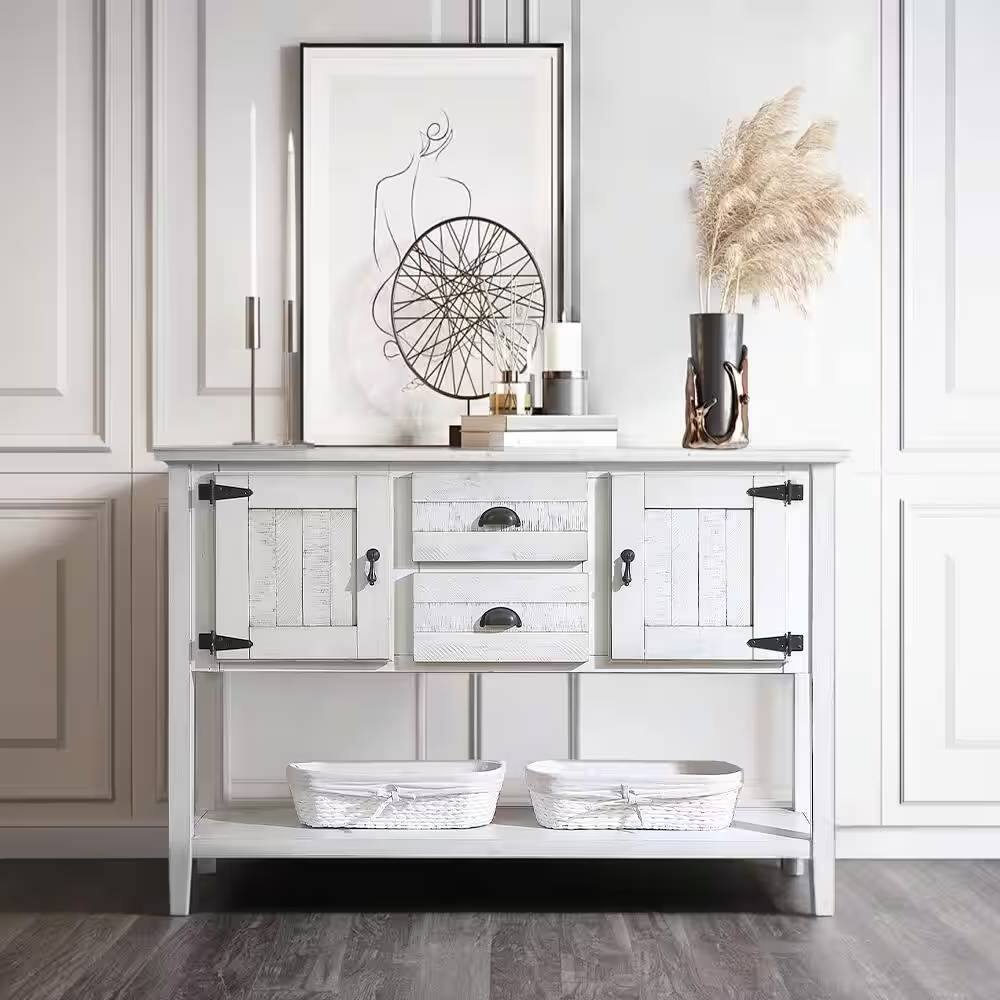Back. Hivvago - Farmhouse Solid Wood Sofa Table with Storage Drawers in Rustic White Finish - White.
