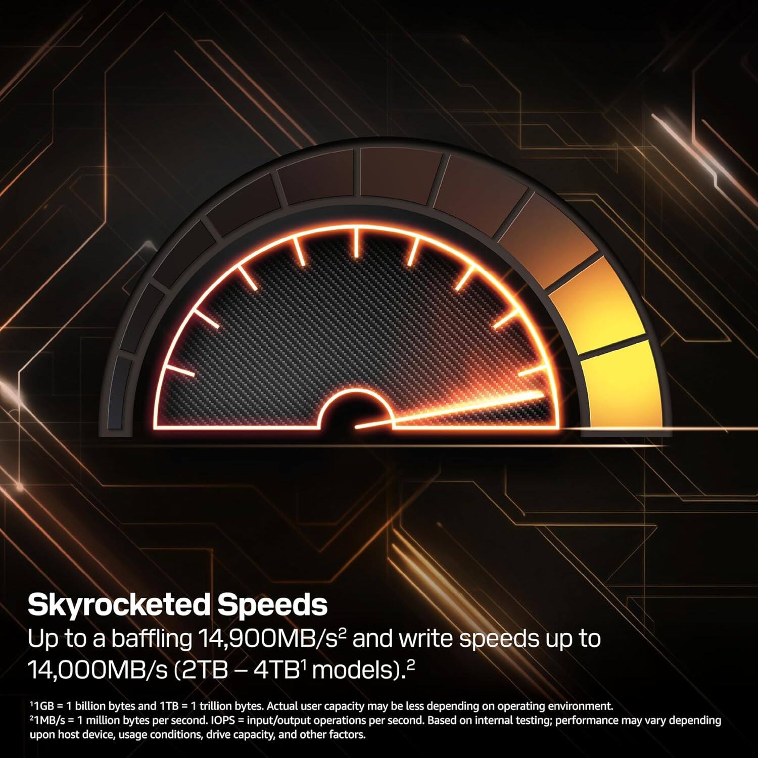 Skyrocketed Speeds

Up to a baffling 14,900MB/s² and write speeds up to 14,000MB/s (2TB - 4TB¹ models).²

1GB = 1 billion bytes and 1TB = 1 trillion bytes. Actual user capacity may be less depending on operating environment.

1MB/s = 1 million bytes per second. IOPS = input/output operations per second. Based on internal testing; performance may vary depending upon host device, usage conditions, drive capacity, and other factors.