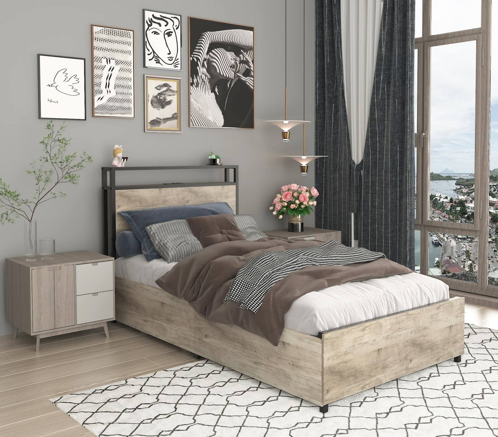 Front. Ecooso - Twin Bed Frame, Storage Headboard，Charging Station, Solid and Stable, Noise Free, No Box Spring Needed, Easy Assembly - Gray Wash.