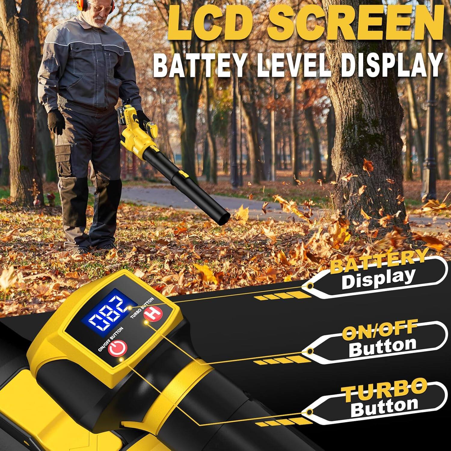 LCD SCREEN, BATTERY LEVEL DISPLAY, ON/OFF Button, TURBO Button, BATTERY Display, TURBO Button