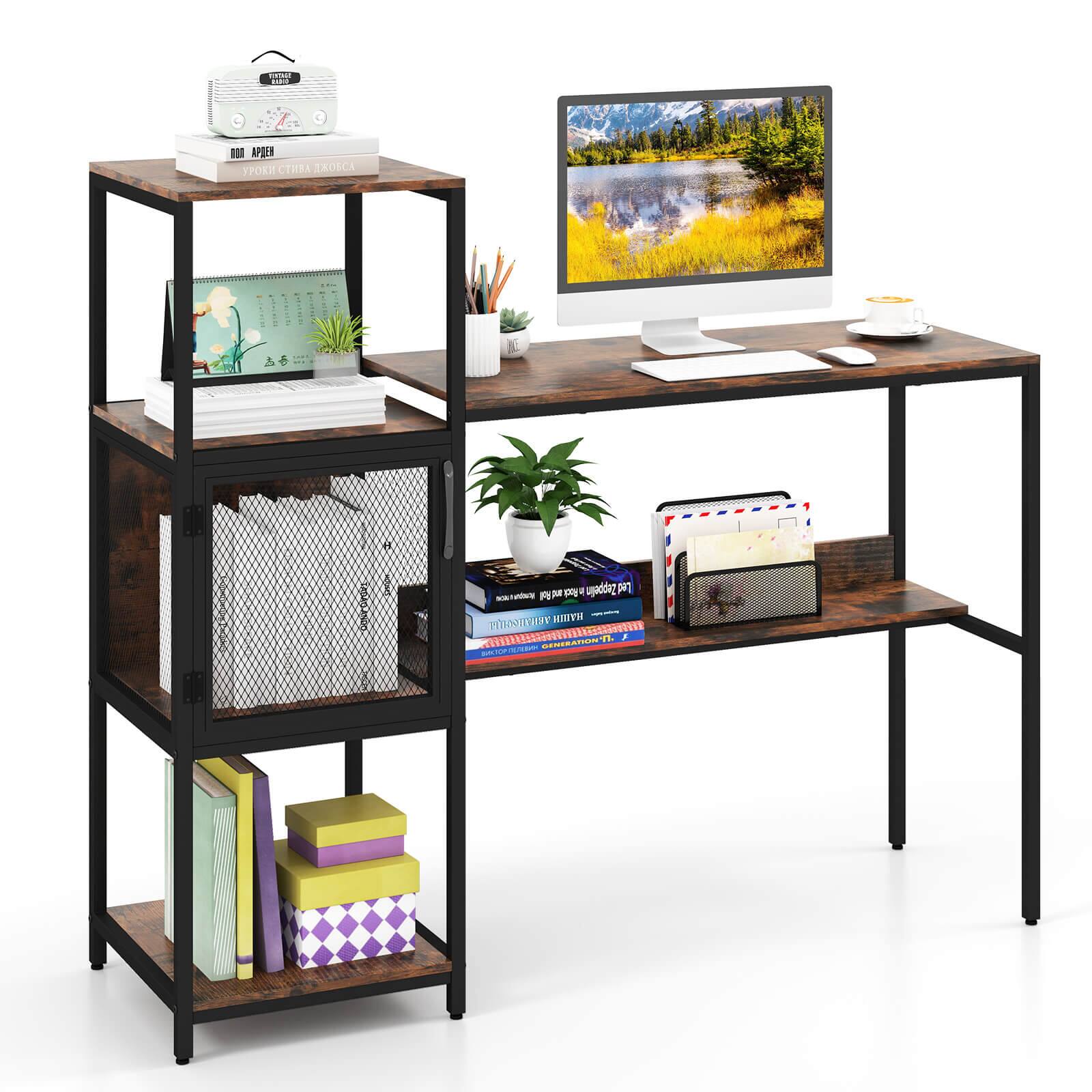 The image features a wooden desk with a computer monitor, keyboard, and mouse. There is a shelf with books and a potted plant on it. The desk also has a cup and a clock. The desk is situated next to a wall, and there is a TV on the wall as well. The arrangement of the items on the desk creates a functional and organized workspace.