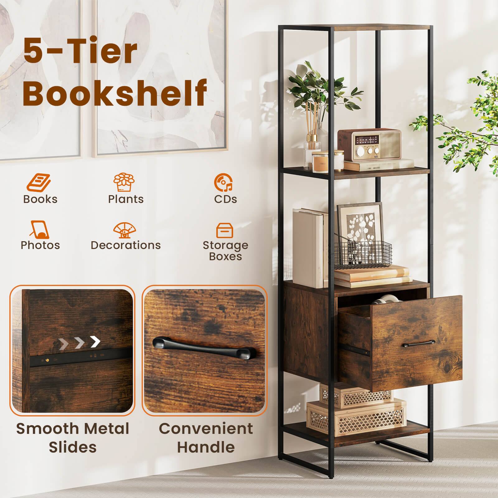 5-Tier Bookshelf
Books
Plants
CDs
Photos
Decorations
Storage Boxes
Smooth Metal Slides
Convenient Handle