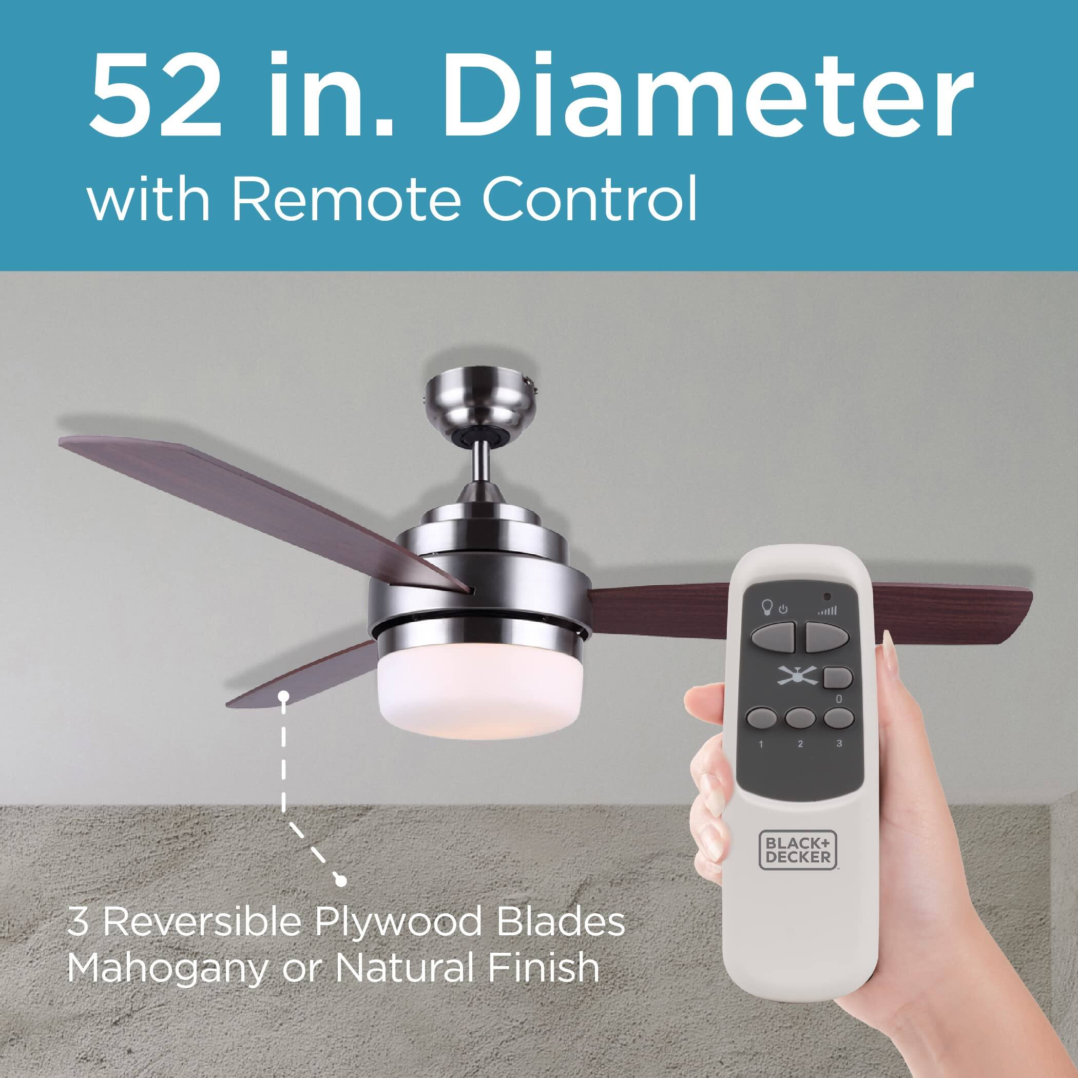 52 in. Diameter with Remote Control, 3 Reversible Plywood Blades Mahogany or Natural Finish, BLACK+ DECKER