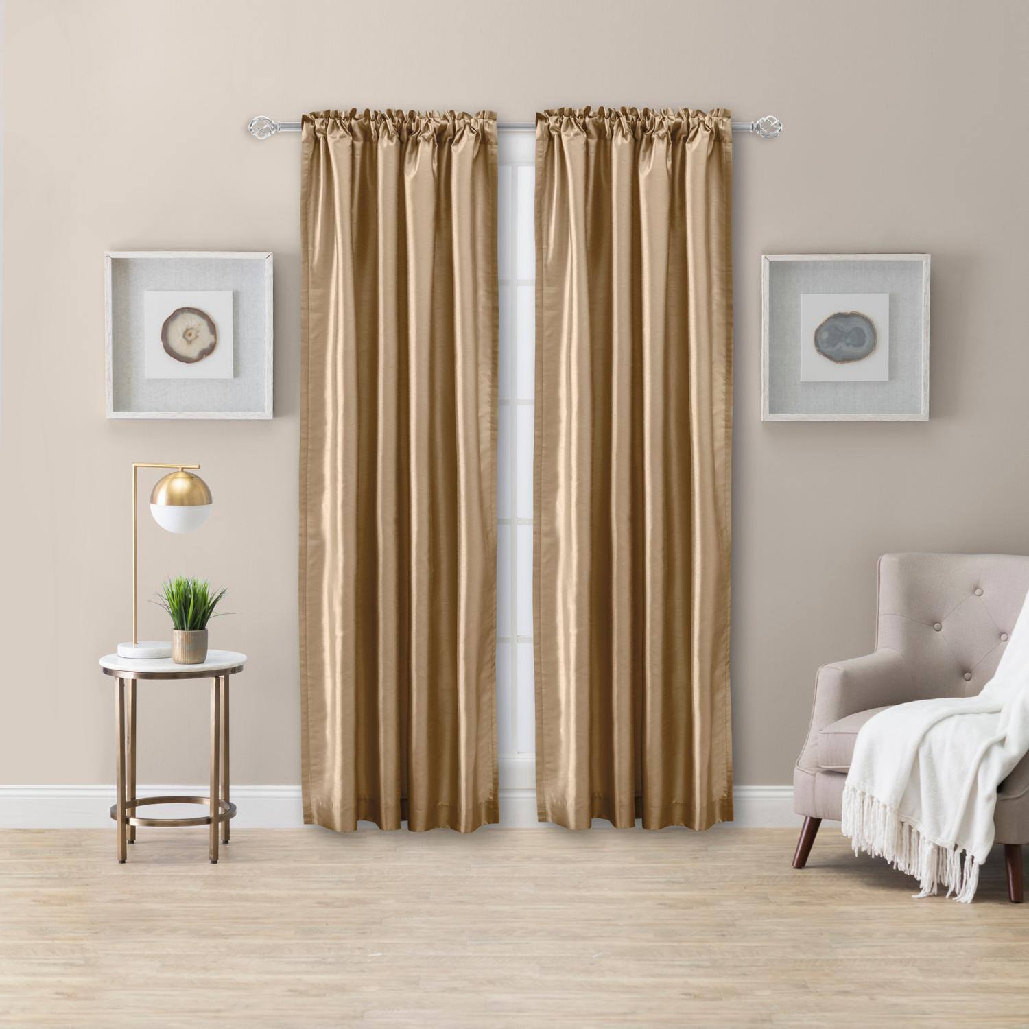 Front. Ellis Curtain - Ellis Curtain Luna Faux-Silk Rod Pocket/Back Tab Tailored Pairs - 100x63" Taupe - Taupe.