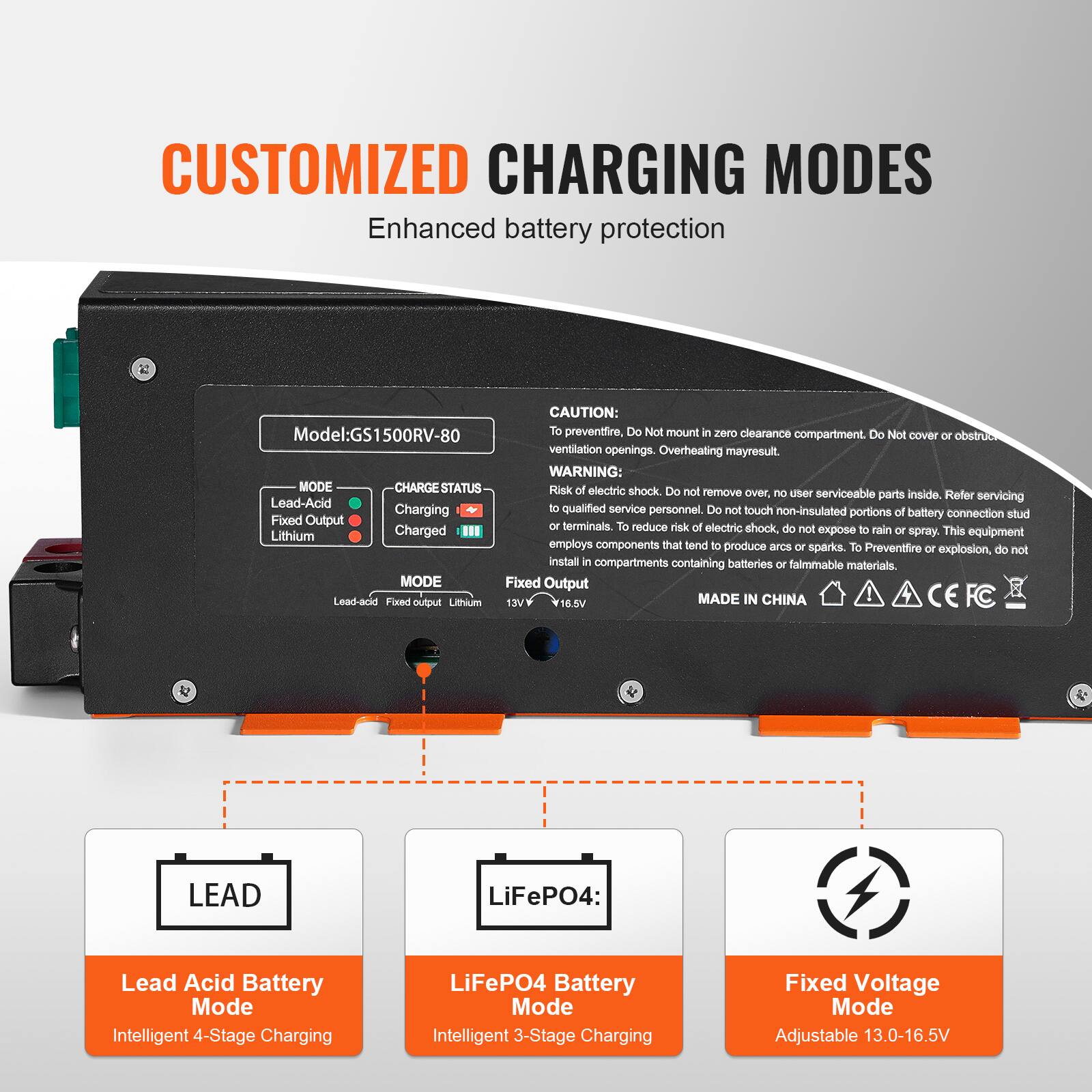 CUSTOMIZED CHARGING MODES  
Enhanced battery protection

CAUTION:  
Model: GS1500RV-80  
To prevent fire, Do Not mount in zero clearance compartment. Do Not cover or obstruct ventilation openings. Overheating may result.

WARNING:  
MODE CHARGE STATUS  
Risk of electric shock. Do not remove over, no user serviceable parts inside. Refer servicing Lead-Acid Charging to qualified service personnel. Do not touch non-insulated portions of battery stud or terminals. To reduce risk of electric shock, do not expose to rain or spray. This equipment employs components that tend to produce arcs or sparks. To Prevent fire or explosion, do not install in compartments containing batteries or flammable materials.

MODE  
Fixed Output  
Lead-acid Fixed output Lithium 13V 16.5V

MADE IN CHINA

LEAD  
Lead Acid Battery Mode  
Intelligent 4-Stage Charging

LiFePO4:  
LiFePO4 Battery Mode  
Intelligent 3-Stage Charging

Fixed Voltage Mode  
Adjustable 13.0-16.5V