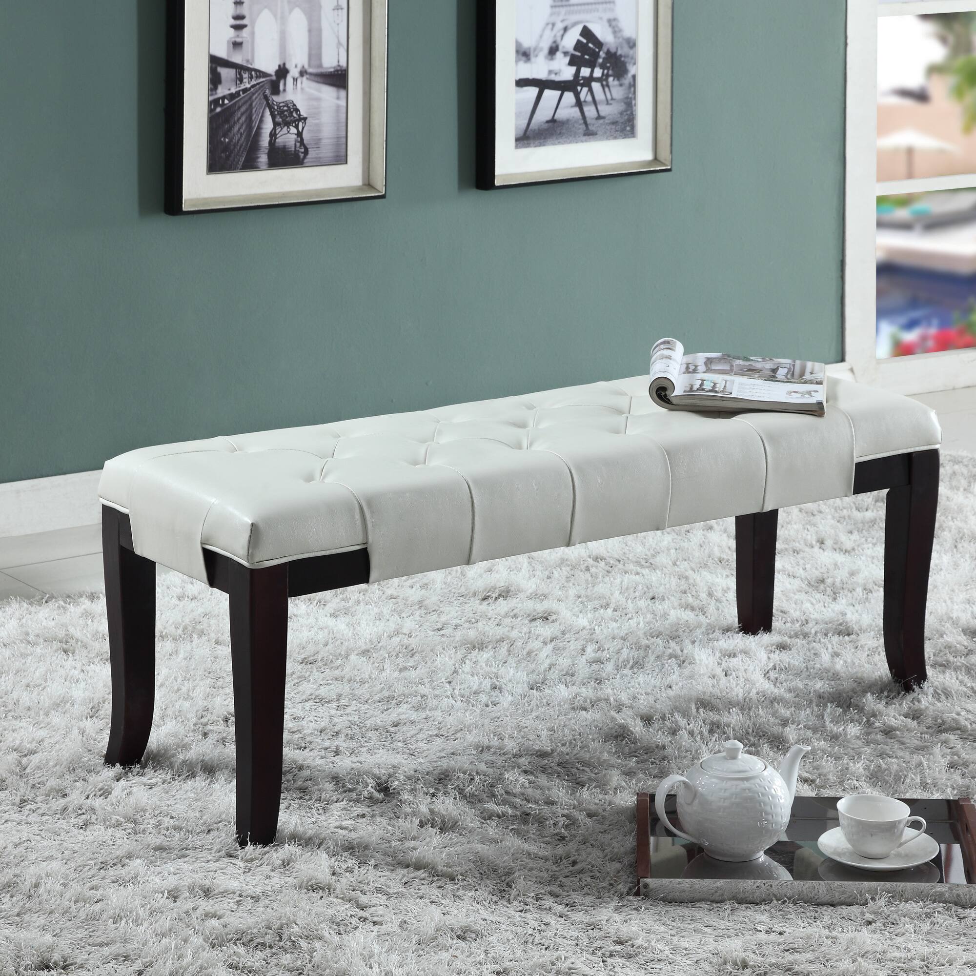 Front. GOODSILO - Tufted Upholstered Ottoman Bench with Solid Wood Legs for Entryway, Bedroom, or Living Room Seating and Storage - White.