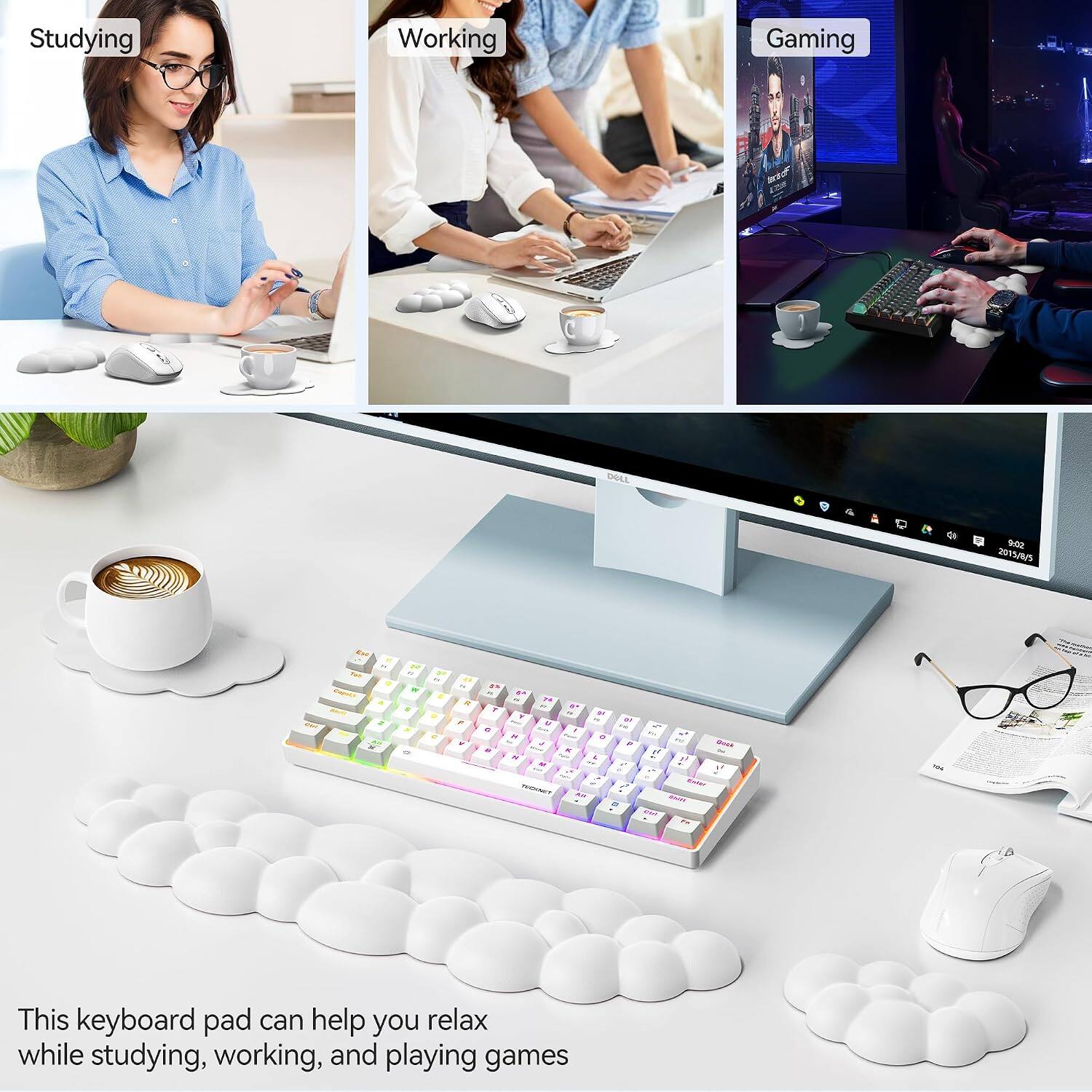 Studying  
Working  
Gaming  
DELL  
9:02 2015/8/5  
CHIP  
A z * an  
19 * :  
IN : 2  
the DV F  
AN LB  5 R  
in N 18 & to  Y .. U 1  *  K   M TXOIMIT  
WT 12 2 Y  
- BASK 11 it Sinter SHO VISIT  
104  

This keyboard pad can help you relax while studying, working, and playing games