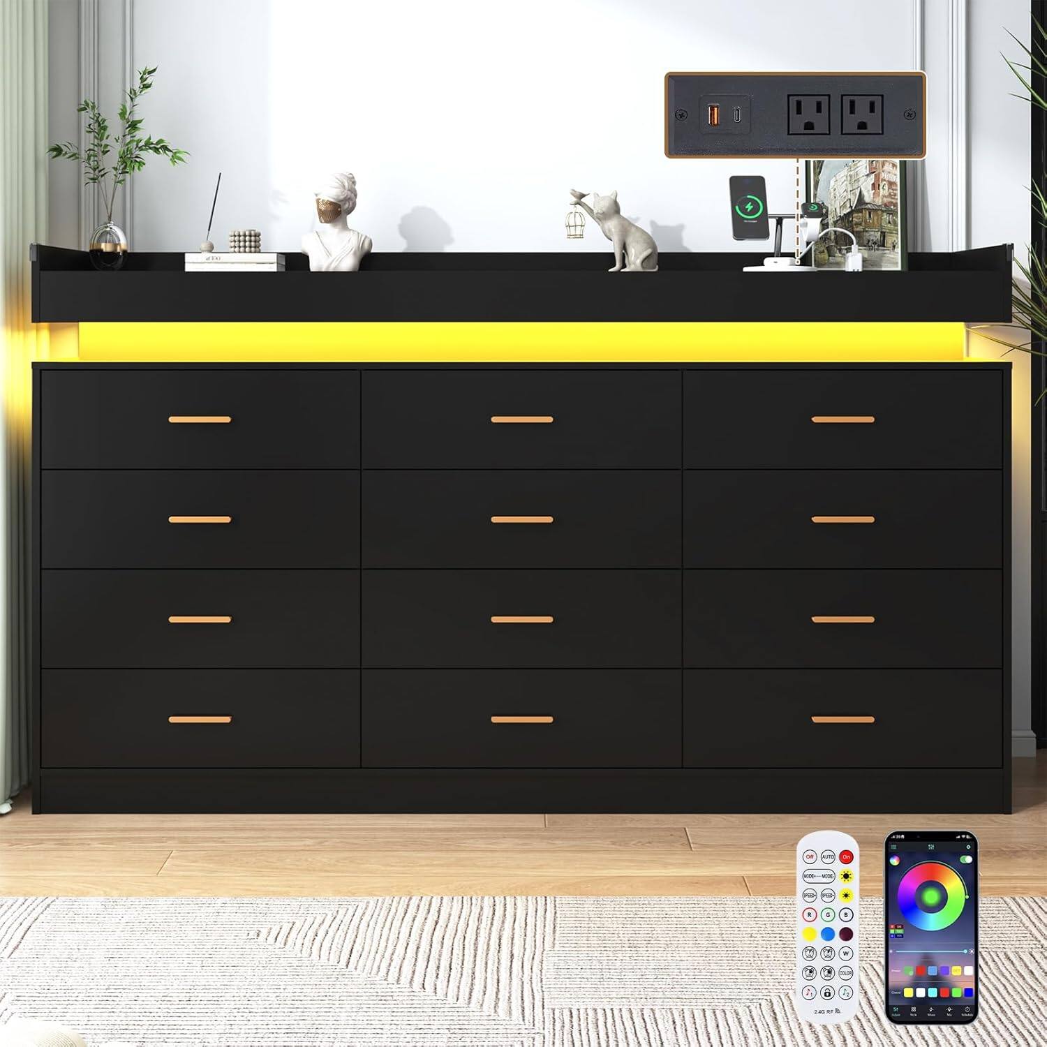 Angle. Espafurni - 12 - Drawer Dresser with LED Light & Charging Station - Modern Chest for Bedroom, Living Room, Entryway & Hallway - Black.