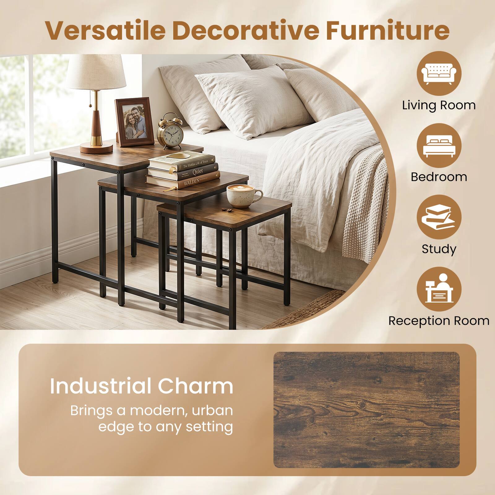 Versatile Decorative Furniture

Living Room
Bedroom
Study
Reception Room

Industrial Charm
Brings a modern, urban edge to any setting