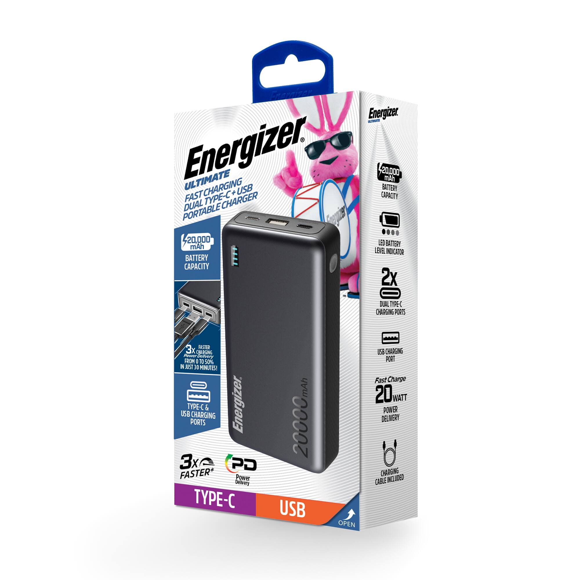 Energizer - Energizer ULTIMATE CHARGING 420,000 mAh BATTERY + USB CAPACITY FAST TYPE-C CHARGER PORTABLE DUAL 20,000 mAh BATTERY BE INDICATOR BATTERY CAPACITY 2x DUAL TYPE-C CHARGING 3x iSM SU% Puer Dedvery FROM 10 50% N AST 30 MINUTES USB TYPE-C PORTS CHARGING & Energizer. 3x PD FASTER* Power Seivary TYPE-C mAh 20000m USB OPEN CHARGING PORT Fast Charge 20 WATT POWER DELIVERY CHARGING CABLE INCLUDED