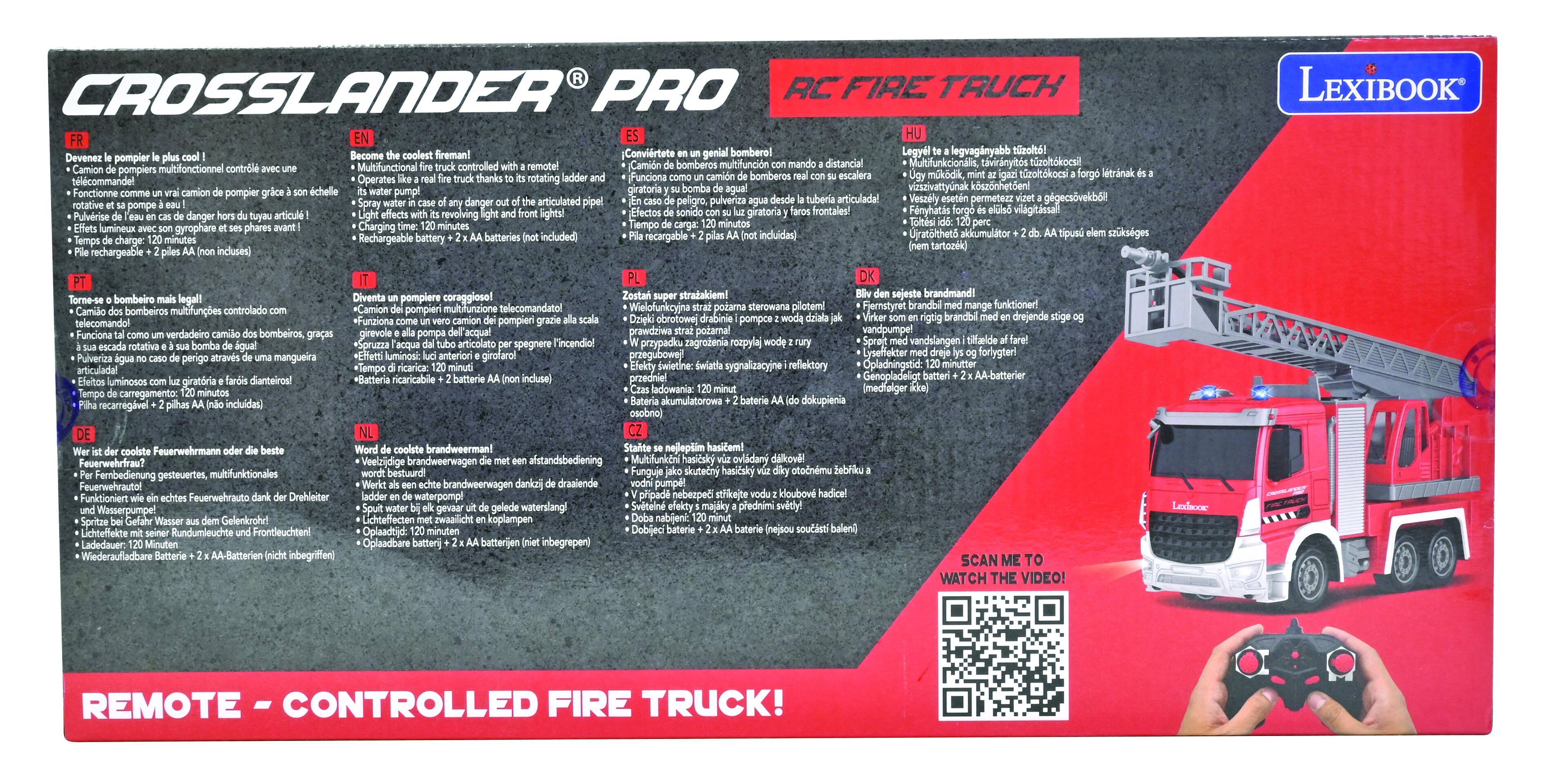 CROSSLANDER PRO RC FIRE TRUCK

REMOTE - CONTROLLED FIRE TRUCK!

1. Operates with a remote control.
2. Includes 2 AA batteries.
3. The truck has a rotating ladder.
4. The truck has a rotating front.
5. The truck has a rotating light.
6. The truck has a rotating siren.
7. The truck has a rotating water cannon.
8. The truck has a rotating ladder.
9. The truck has a rotating front.
10. The truck has a rotating light.
11. The truck has a rotating siren.
12. The truck has a rotating water cannon.

LexiBook

SCAN ME TO WATCH THE VIDEO!