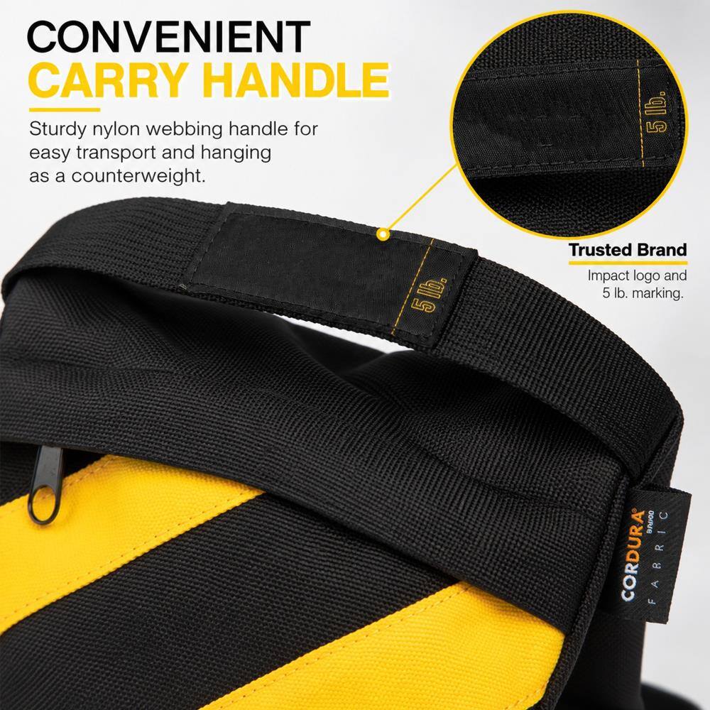 CONVENIENT CARRY HANDLE  
Sturdy nylon webbing handle for easy transport and hanging as a counterweight.  
5 lb.  
Trusted Brand  
Impact logo and 5 lb. marking.  
come - CORDURA FABRIC