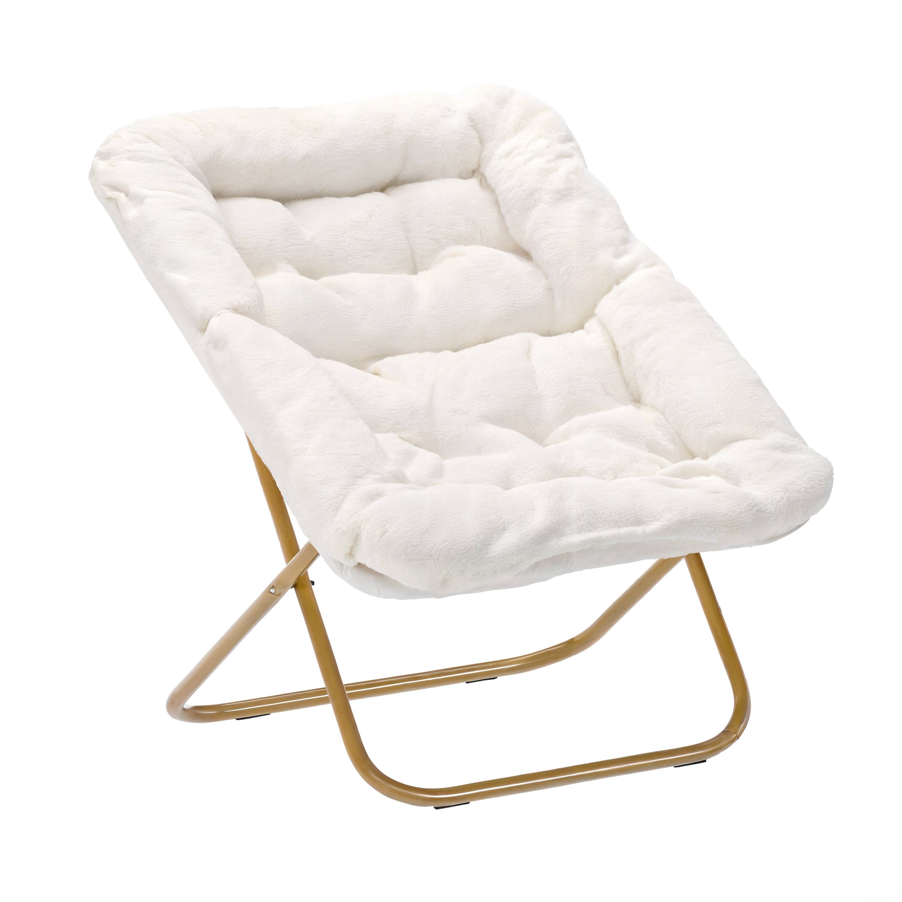 Alt View 8. Emma + Oliver - Aisling Oversized Folding Saucer Chair and Ottoman for Dorm, Bedroom - Ivory Faux Shearling Fabric/Soft Gold Frame.