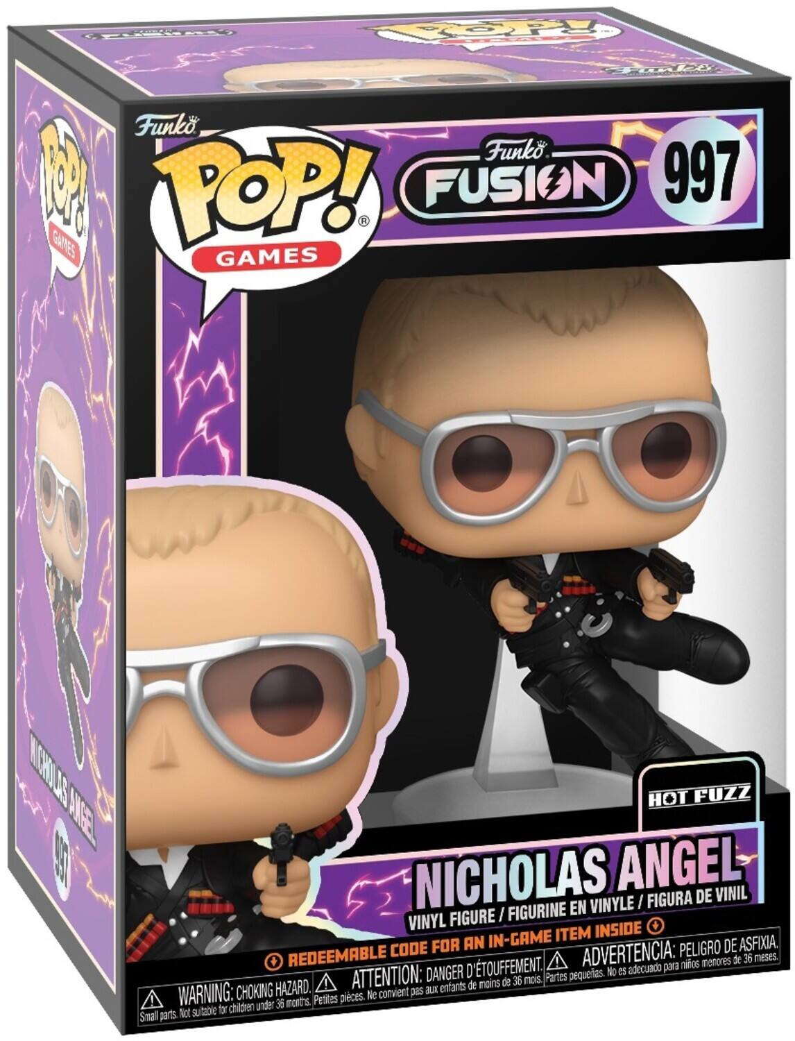 Funko Pop! Games 997 Fusion. Funko Pop! Nicholas Angel. Vinyl Figure. In-game item inside. Code for an in-game item inside. Warning: Choking hazard. Small parts. Not suitable for children under 36 months.