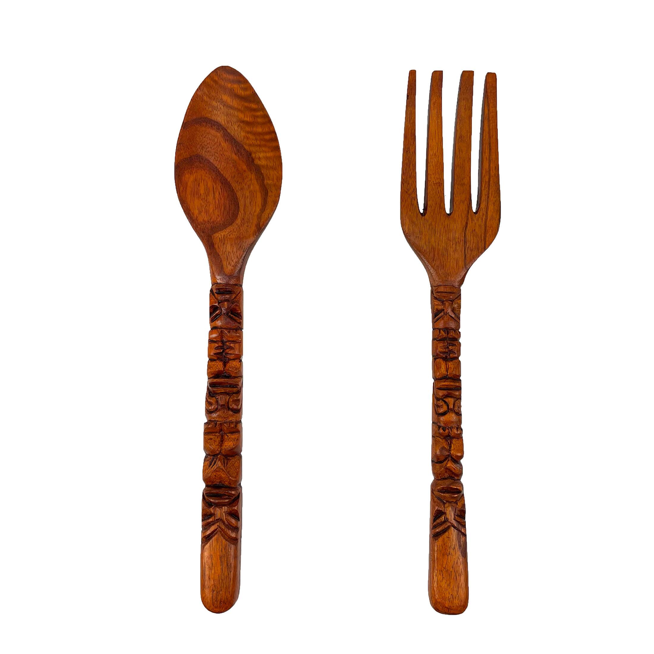 Alt View 6. Zeckos - 16 Inch Carved Tiki Spoon & Fork Wooden Wall Decor Art Utensil Decoration Set - Brown.