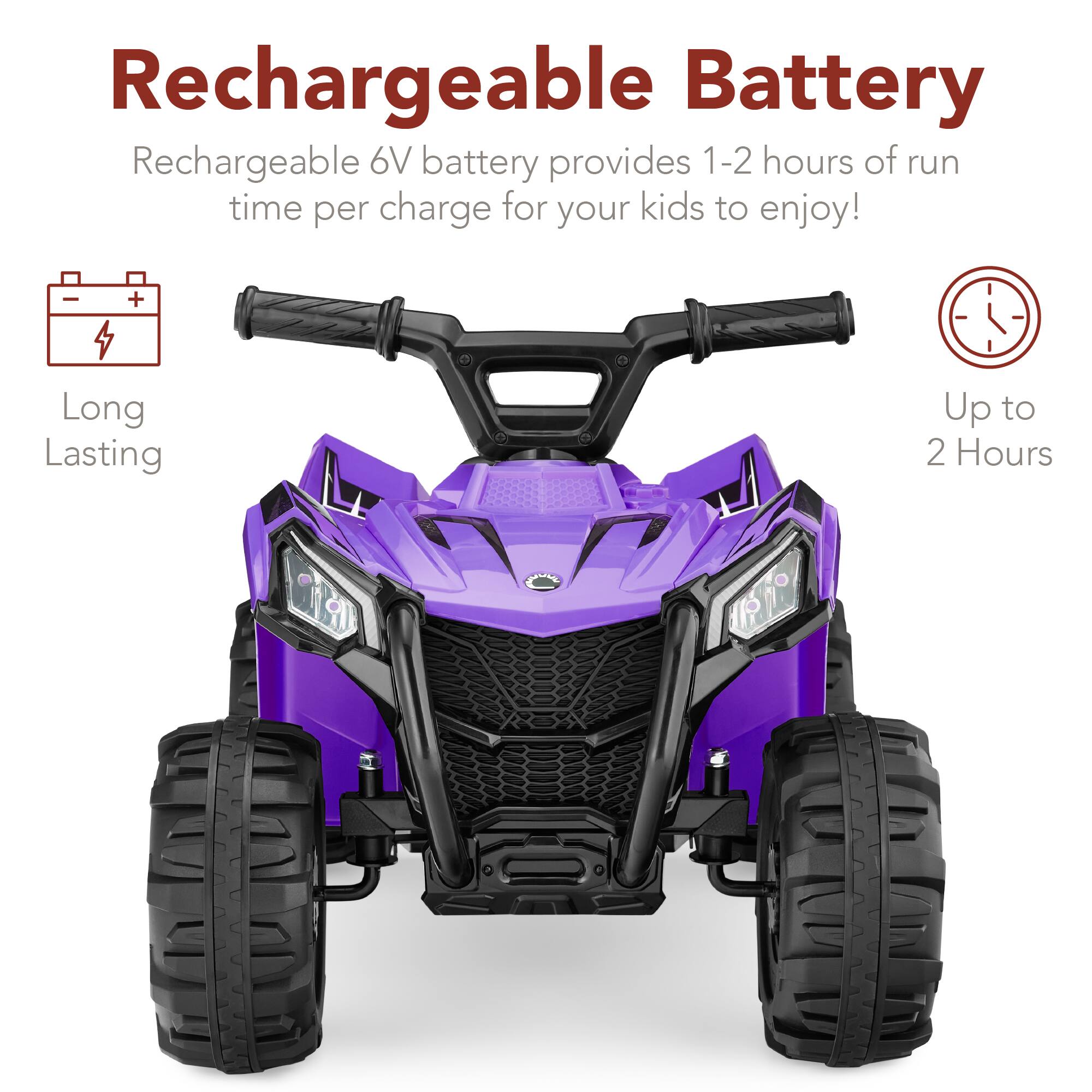 Rechargeable Battery: Rechargeable 6V battery provides 1-2 hours of run time per charge for your kids to enjoy! Long Lasting - Up to 2 Hours.