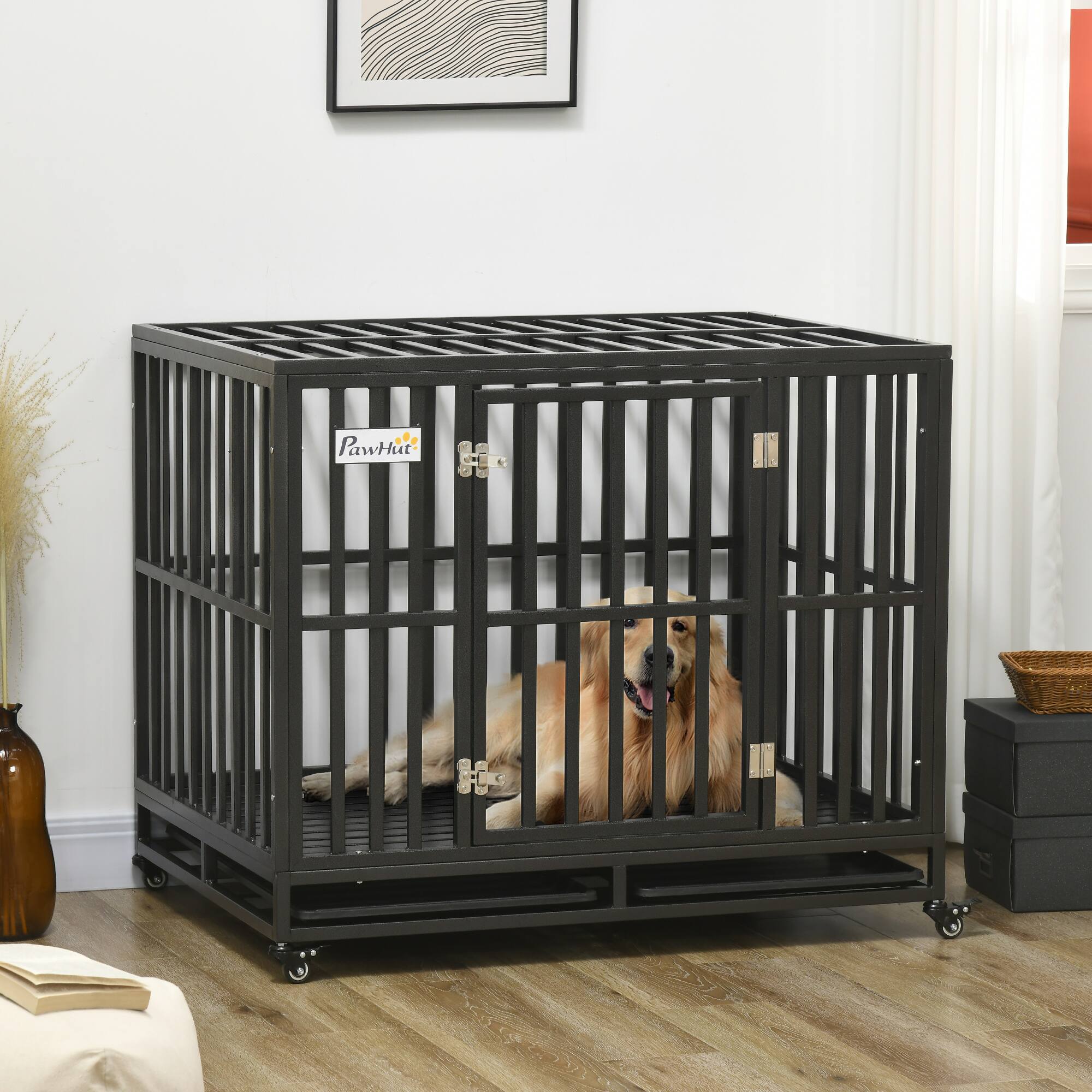 Angle. Pawhut - Heavy Duty Metal Dog Crate Kennel & Cage Playpen, with Lockable Wheels, Anti-Pinching Floor, 41" x 29.5" x 35".