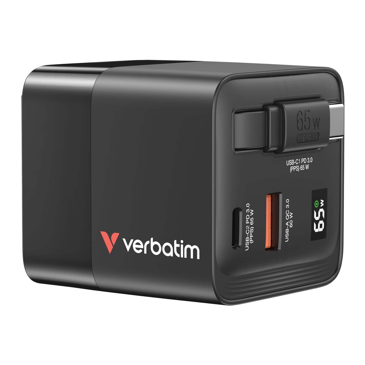 Verbatim - 32217 65-watt Gan Charger With Retractable Cable - Black