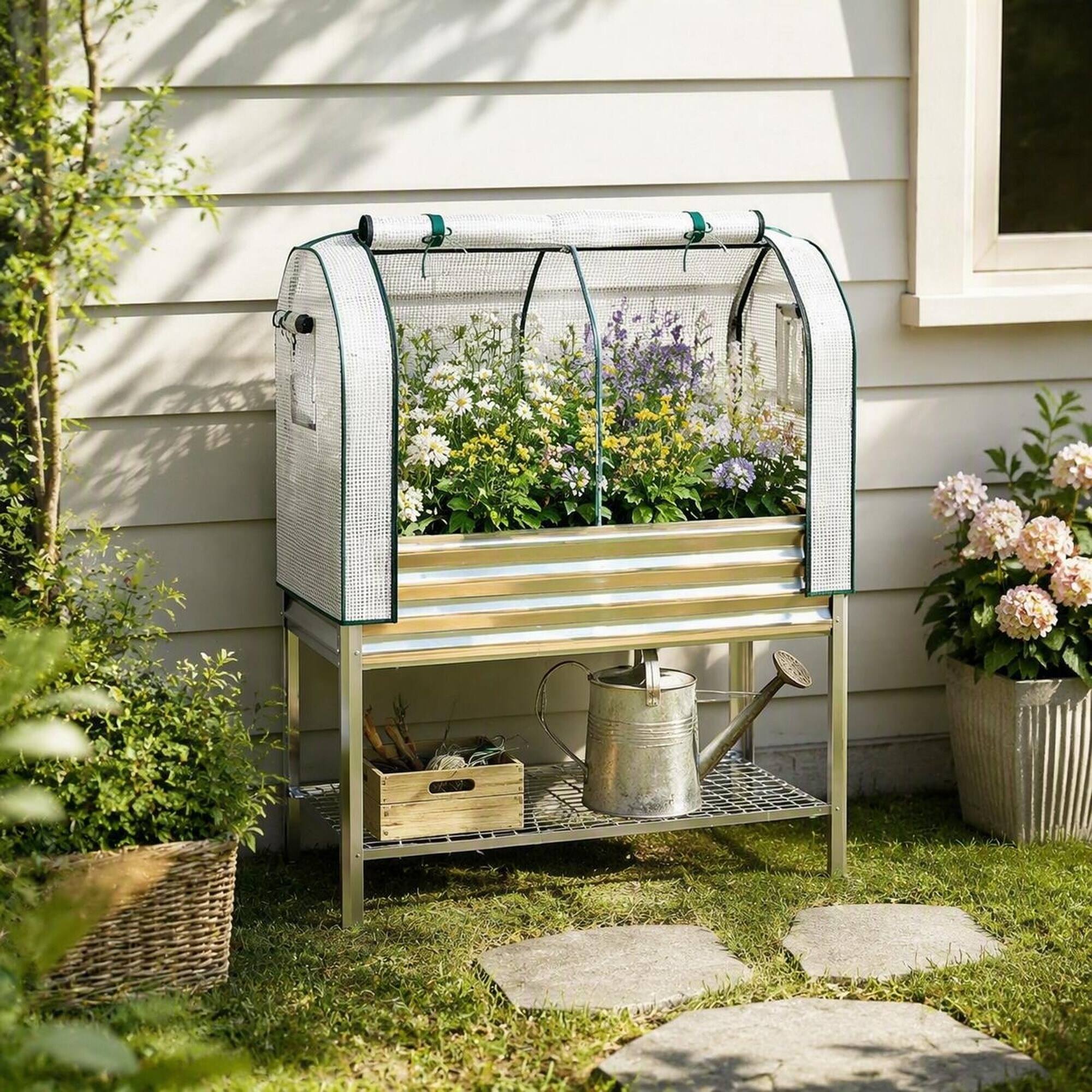 Angle. RYHNUYNE - Raised Garden Bed with Greenhouse Cover, 44 Gal Elevated Planter Box, Galvanized Metal Frame, Silver, Outdoor Use - Silver.