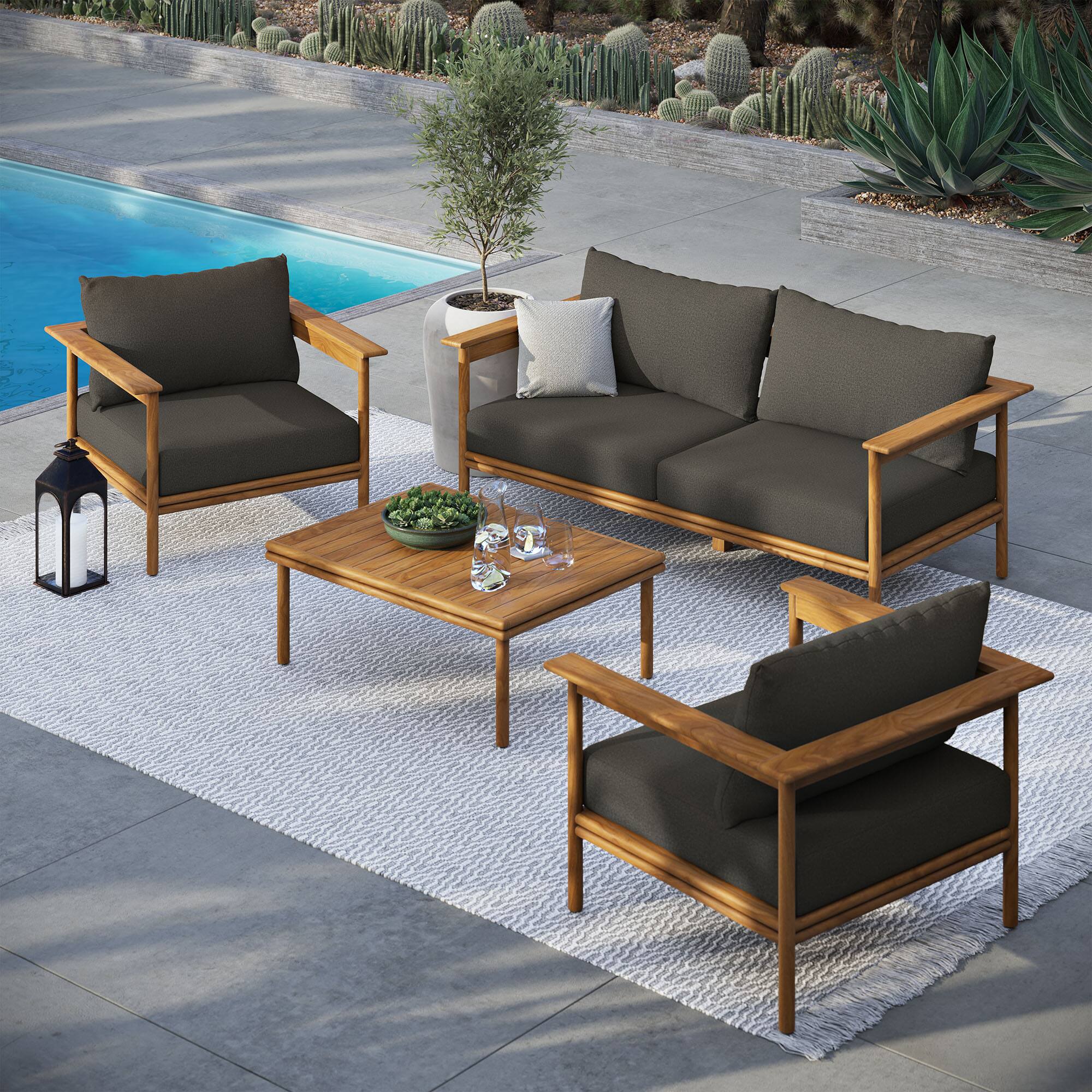 Alt View 5. Modway - Wren 4-Piece Teak Wood Outdoor Patio Furniture Set - Natural Flint Gray.