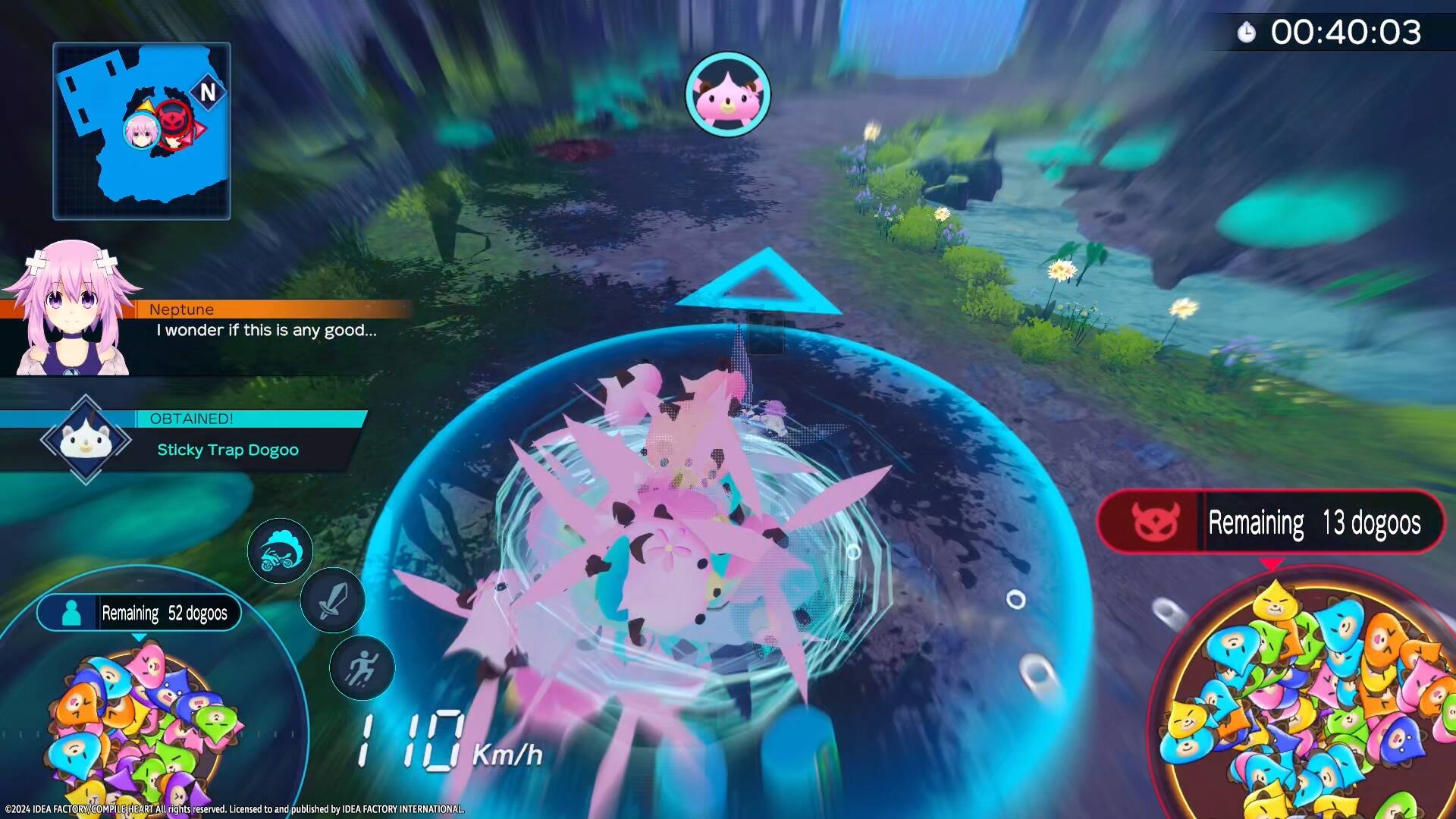 The image shows a video game with a timer displaying 00:40:03. The game is set in a forest with a character trying to catch dogoos. The player has already obtained a Sticky Trap Dogoo, and there are 13 more dogoos left to catch. The player's speed is at 20 km/h, and the game is licensed and published by DEA FACTORY INTERNATIONAL.