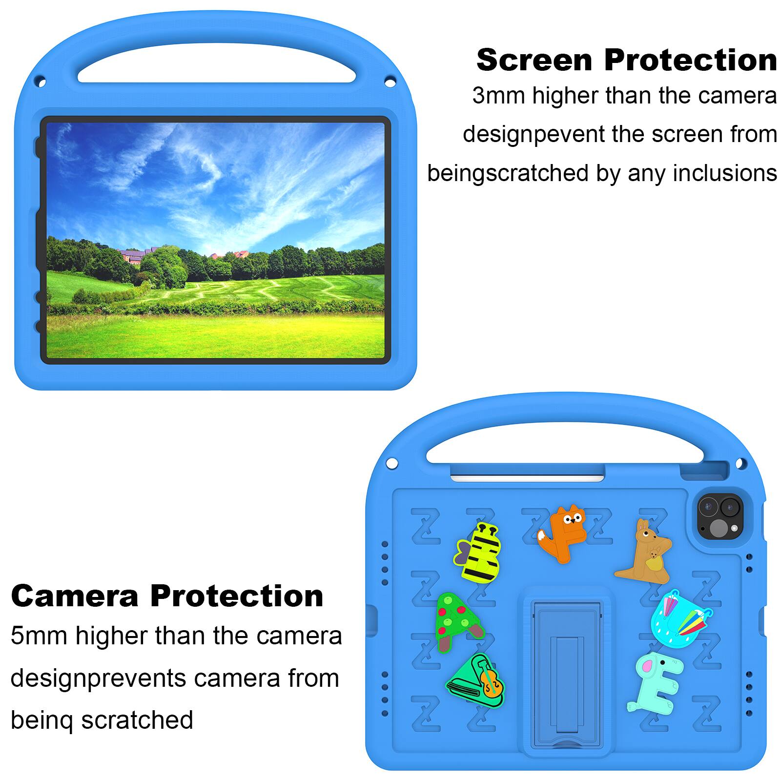 Screen Protection  
3mm higher than the camera design prevents the screen from being scratched by any inclusions  

Camera Protection  
5mm higher than the camera design prevents the camera from being scratched