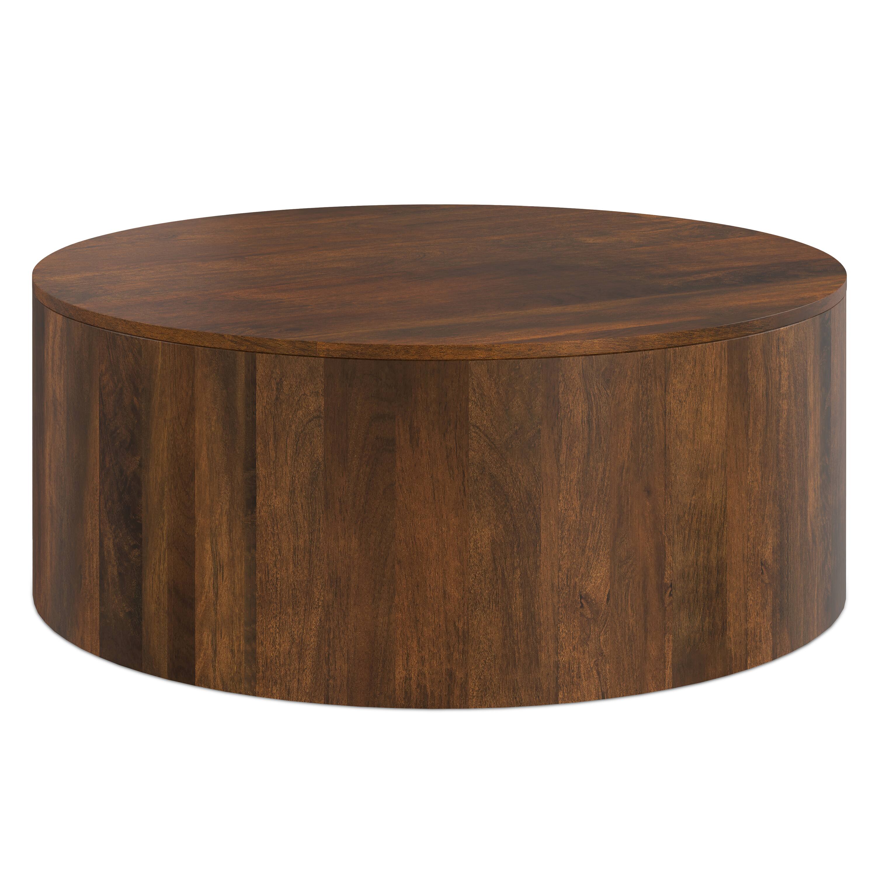 Alt View 4. Simpli Home - Millbury SOLID MANGO WOOD 36 inch Wide Round Contemporary Drum Coffee Table in Walnut Brown, Fully Assembled - Walnut Brown.