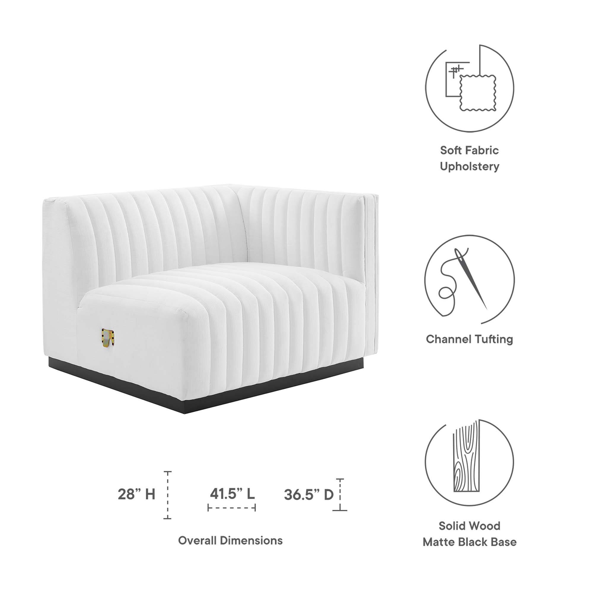 Soft Fabric Upholstery  
Channel Tufting  
28" H x 41.5" L x 36.5" D  
Overall Dimensions  
Solid Wood Matte Black Base