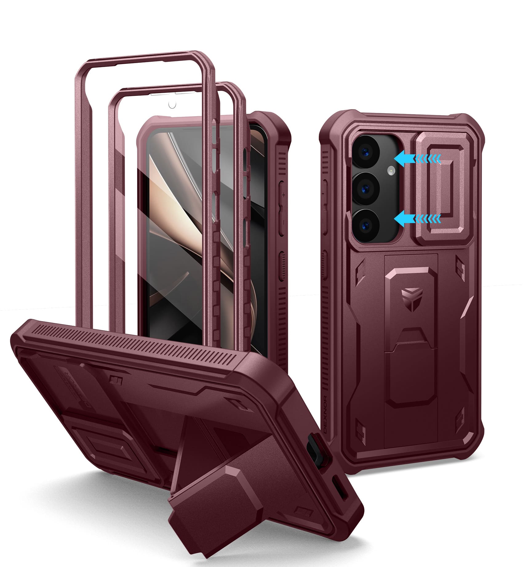Front. Dexnor - For Samsung Galaxy S25 Shockproof Rugged Case with Slide Camera Cover, Screen Protector, Heavy-Duty Full-Body Cover - Maroon Red.