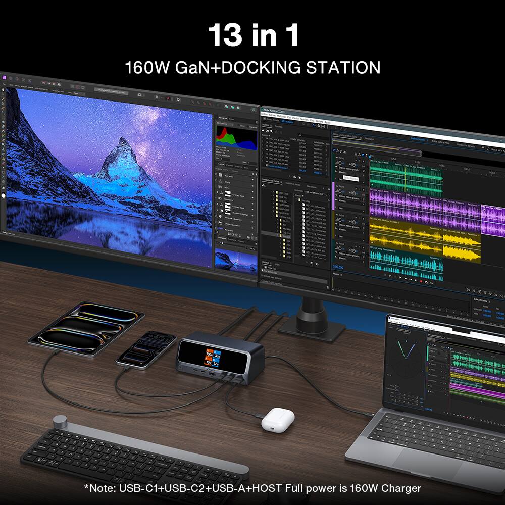 13 in 1  
160W GaN+DOCKING STATION  

*Note: USB-C1+USB-C2+USB-A+HOST Full power is 160W Charger