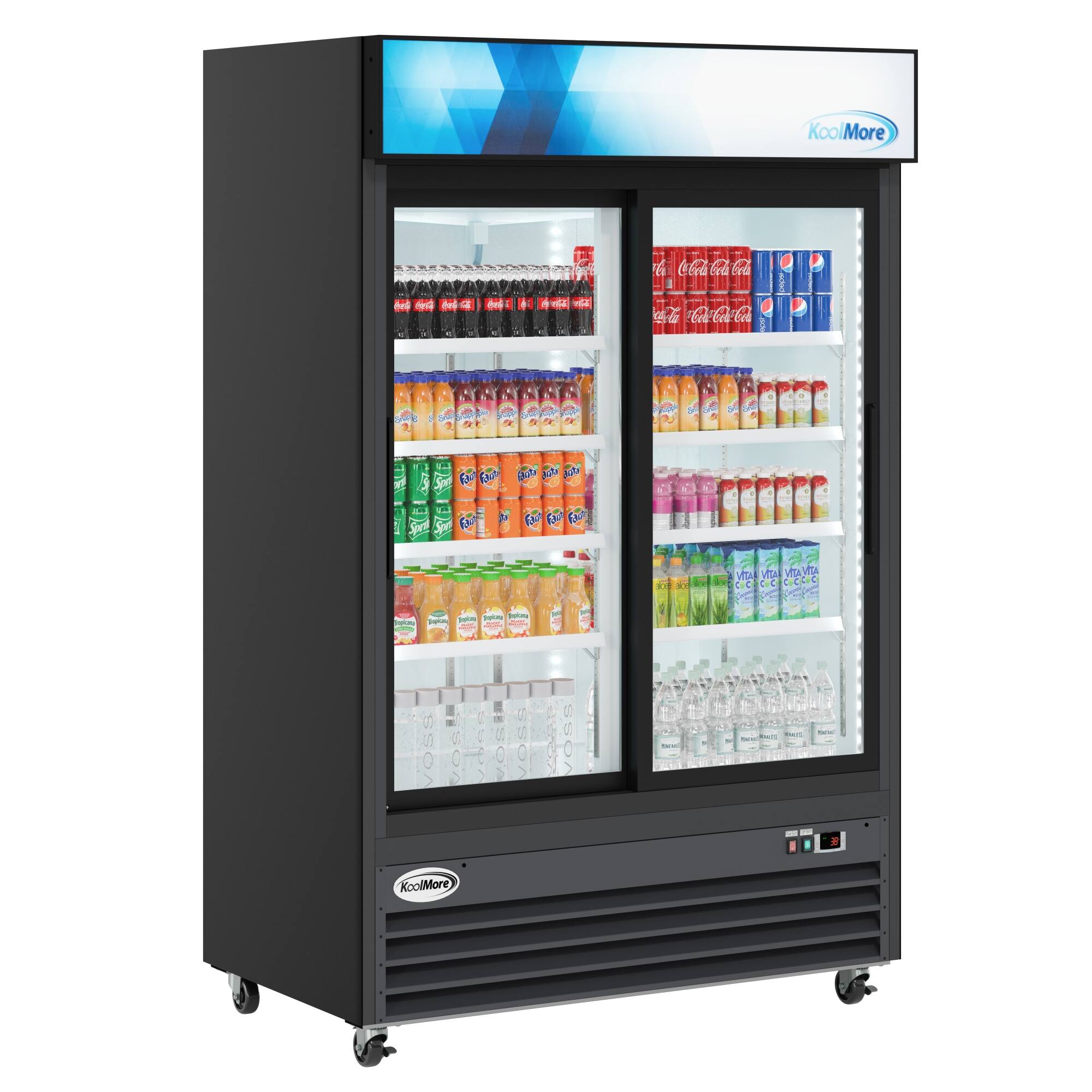 The image features a black refrigerator filled with various drinks, including sodas, juices, and water. The refrigerator is placed in a store, and it is stocked with a wide assortment of beverages. The drinks are organized in the refrigerator, making it easy for customers to find and select their preferred beverages. The refrigerator is also well-lit, which enhances the visibility of the drinks inside.