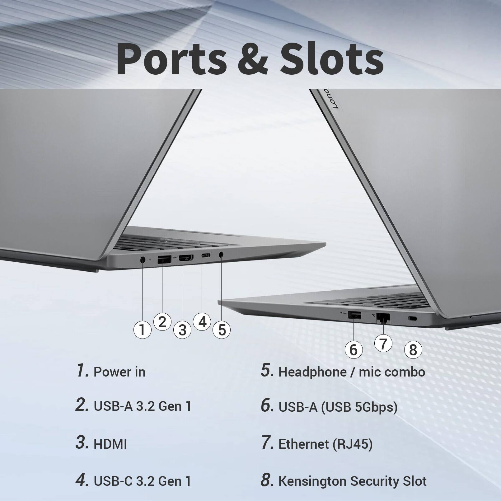 Ports & Slots

1. Power in
2. USB-A 3.2 Gen 1
3. HDMI
4. USB-C 3.2 Gen 1
5. Headphone / mic combo
6. USB-A (USB 5Gbps)
7. Ethernet (RJ45)
8. Kensington Security Slot