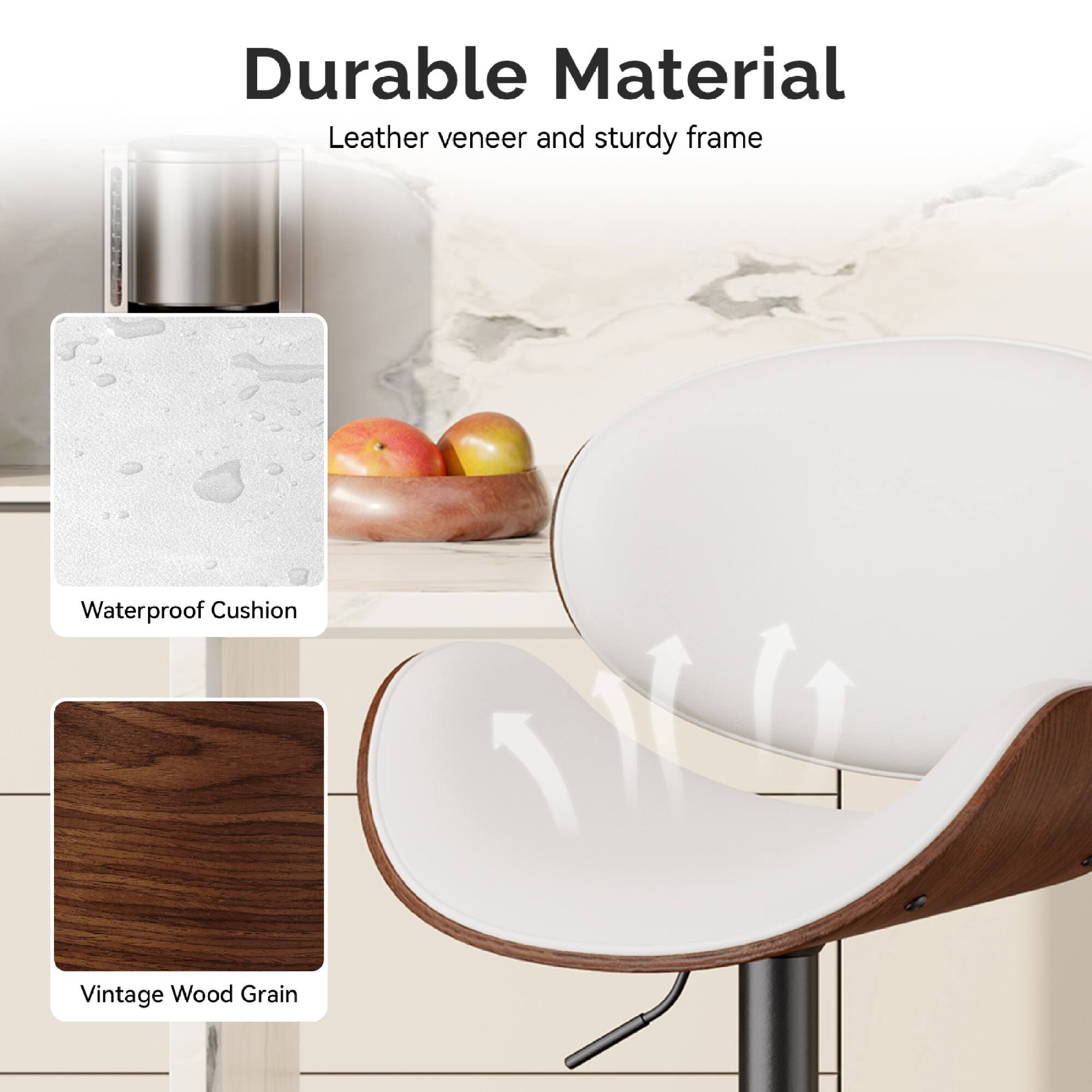 Durable Material  
Leather veneer and sturdy frame  

Waterproof Cushion  

Vintage Wood Grain