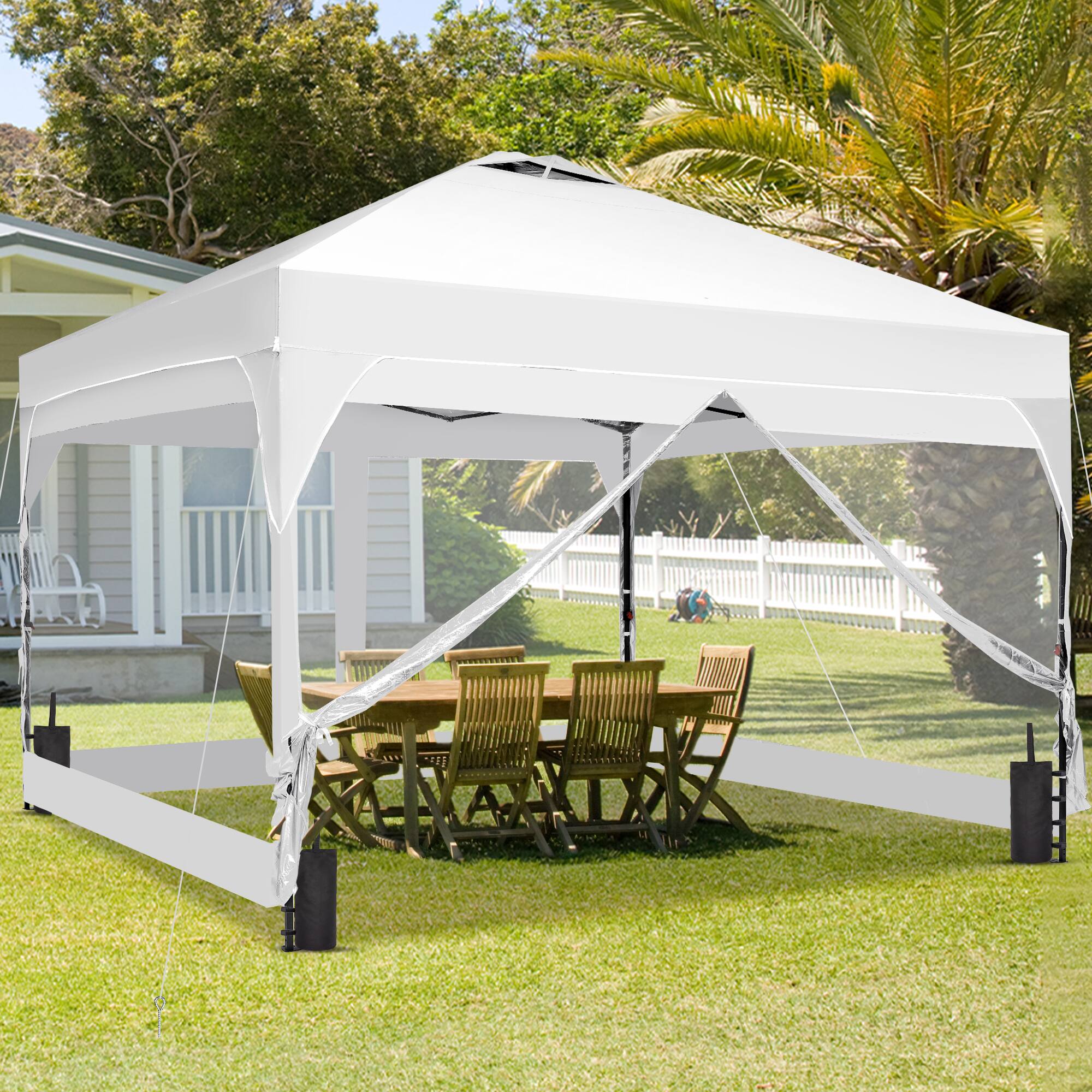 Angle. Ainfox - 12x12 Pop Up Canopy Tent,Outdoor Gazebo with Center Lock 4 Removable Transparent Walls & Carrying Bag - White.