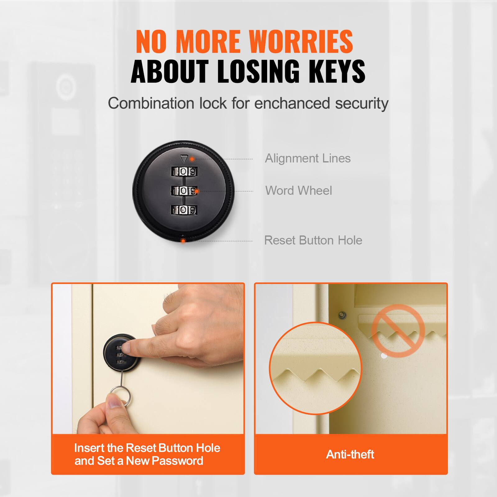 NO MORE WORRIES ABOUT LOSING KEYS

Combination lock for enhanced security

- Alignment Lines
- Word Wheel
- Reset Button Hole

Insert the Reset Button Hole and Set a New Password

Anti-theft