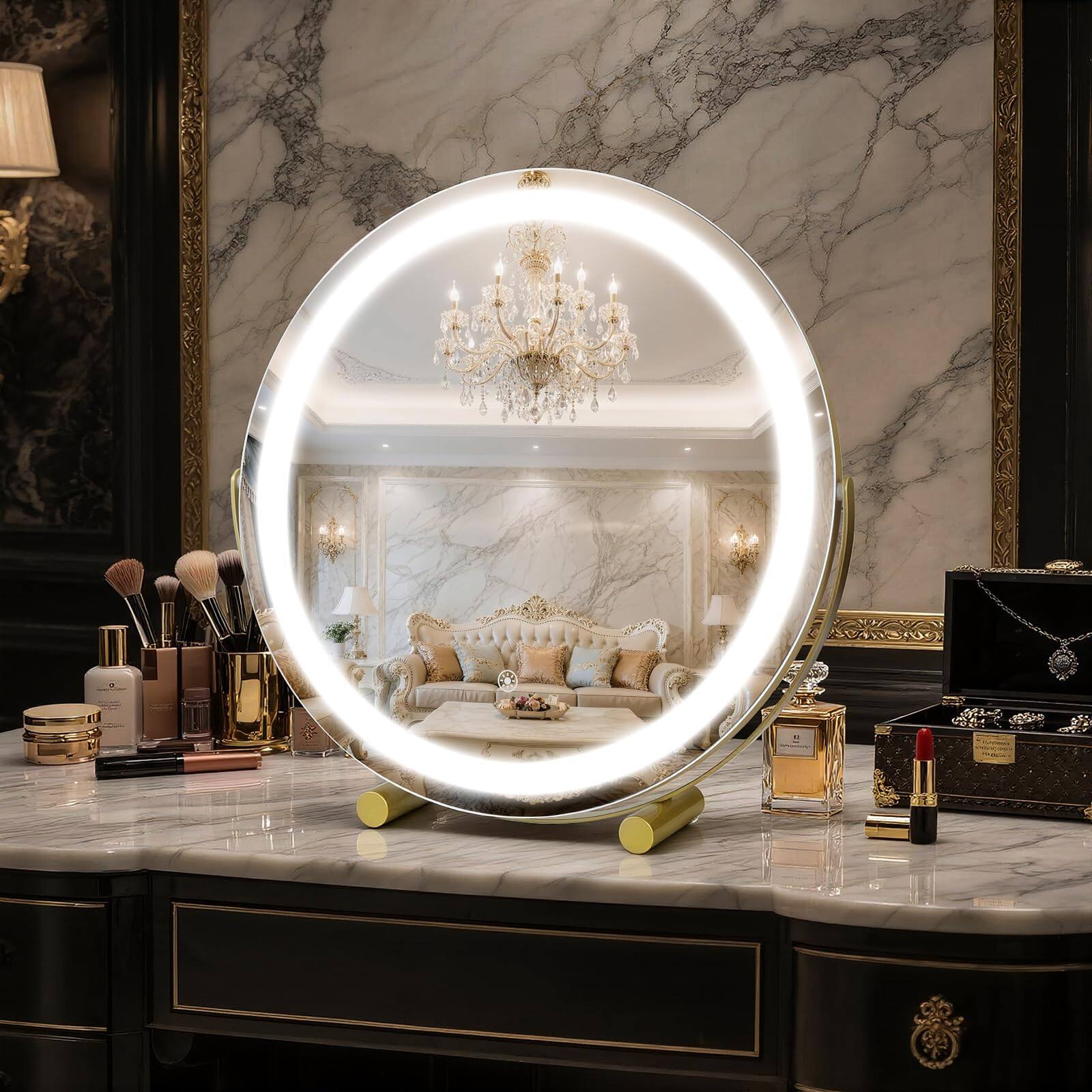 Left. Earthley Blooms - Vanity Mirror With Lights Led Makeup Hd Professional Smart Touch color Lighting Dimmable Rotation Lighted - White 18"L x 18"W.